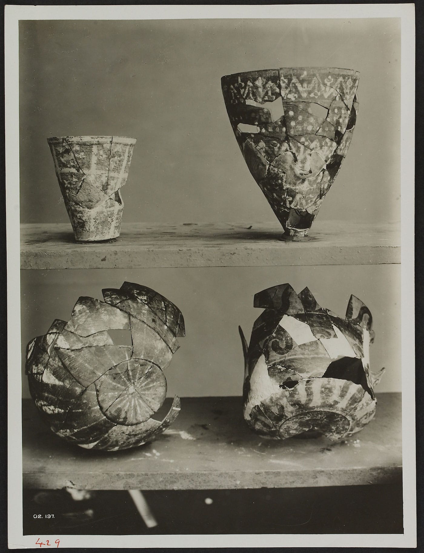 Staged Photograph of Middle Minoan Pottery from the Old Palace (early 20th century), gelatin silver print, Knossos (courtesy Ashmolean Museum, University of Oxford, image © Ashmolean Museum, University of Oxford)