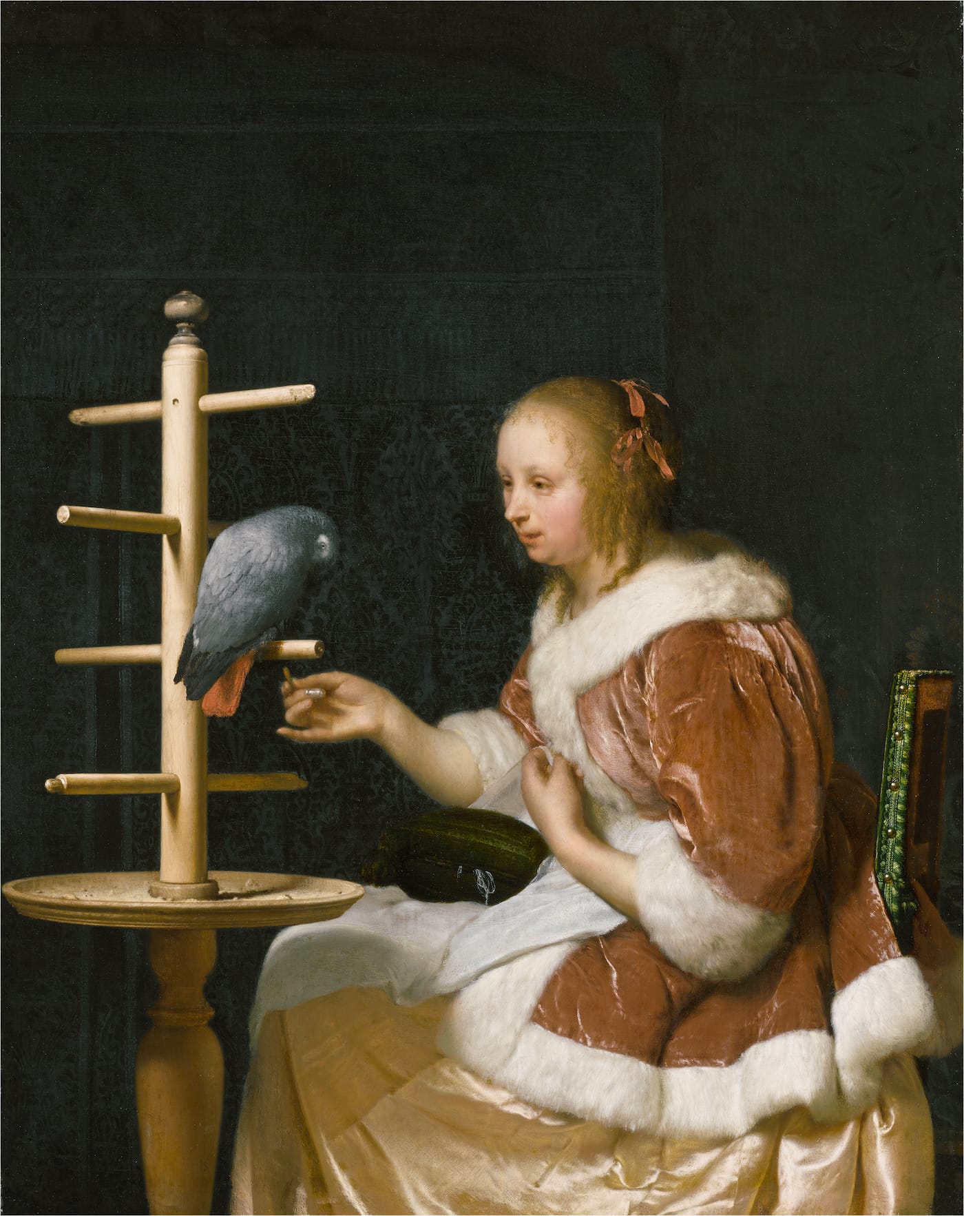 Frans van Mieris, "Woman Feeding a Parrot" (1663), oil on panel (© The Leiden Collection, New York)