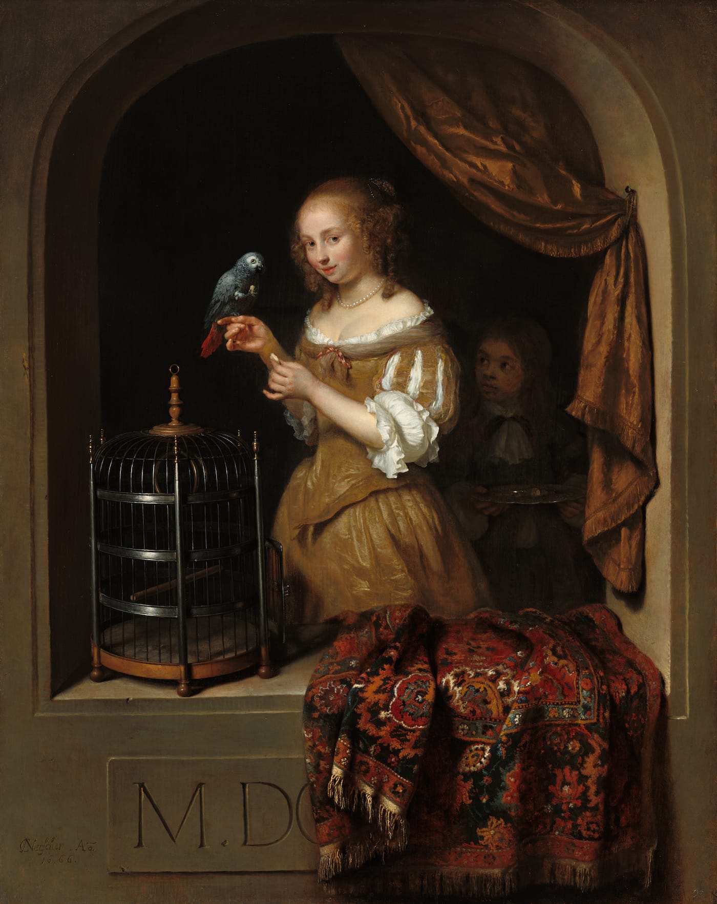 Caspar Netscher, "Woman Feeding a Parrot, with a Page" (1666), oil on panel (courtesy National Gallery of Art, Washington, the Lee and Juliet Folger Fund)