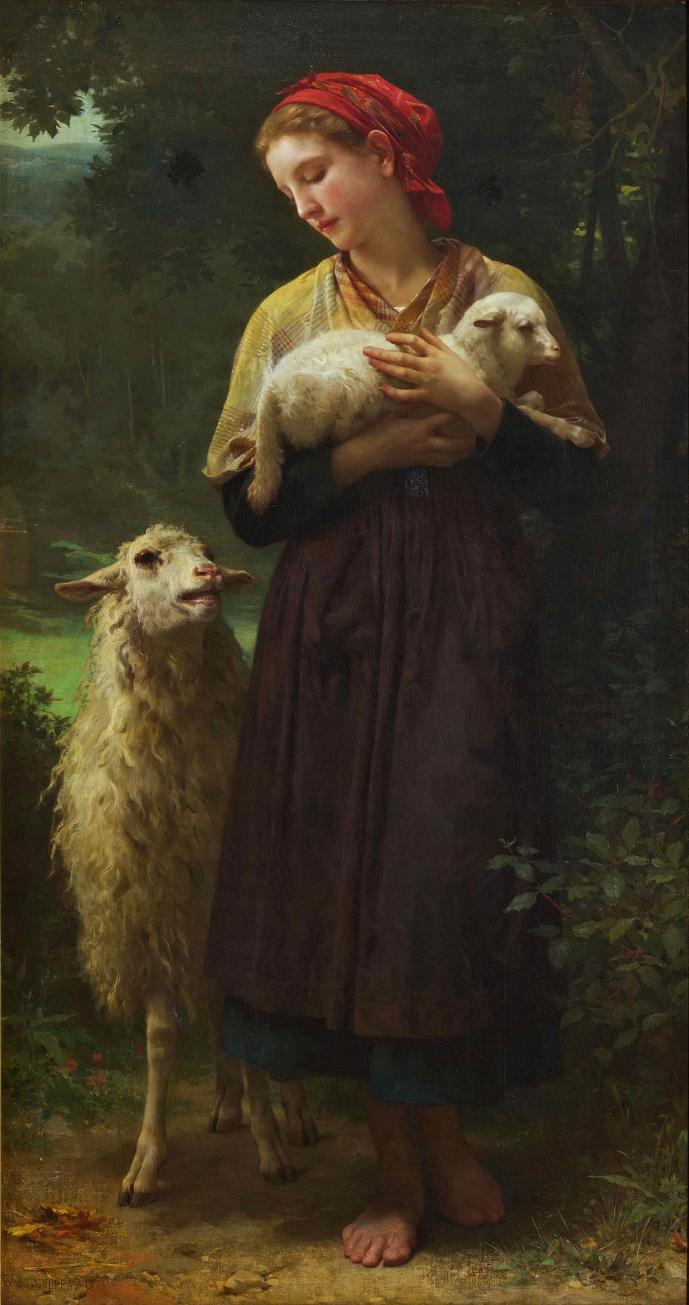 William-Adolphe Bouguereau's "L'Agneau Nouveau-Né" ("The Shepherdess," 1873) has been valued at between $1.5–2 million by Sotheby's. (Berkshire Museum, via Wikimedia Commons)