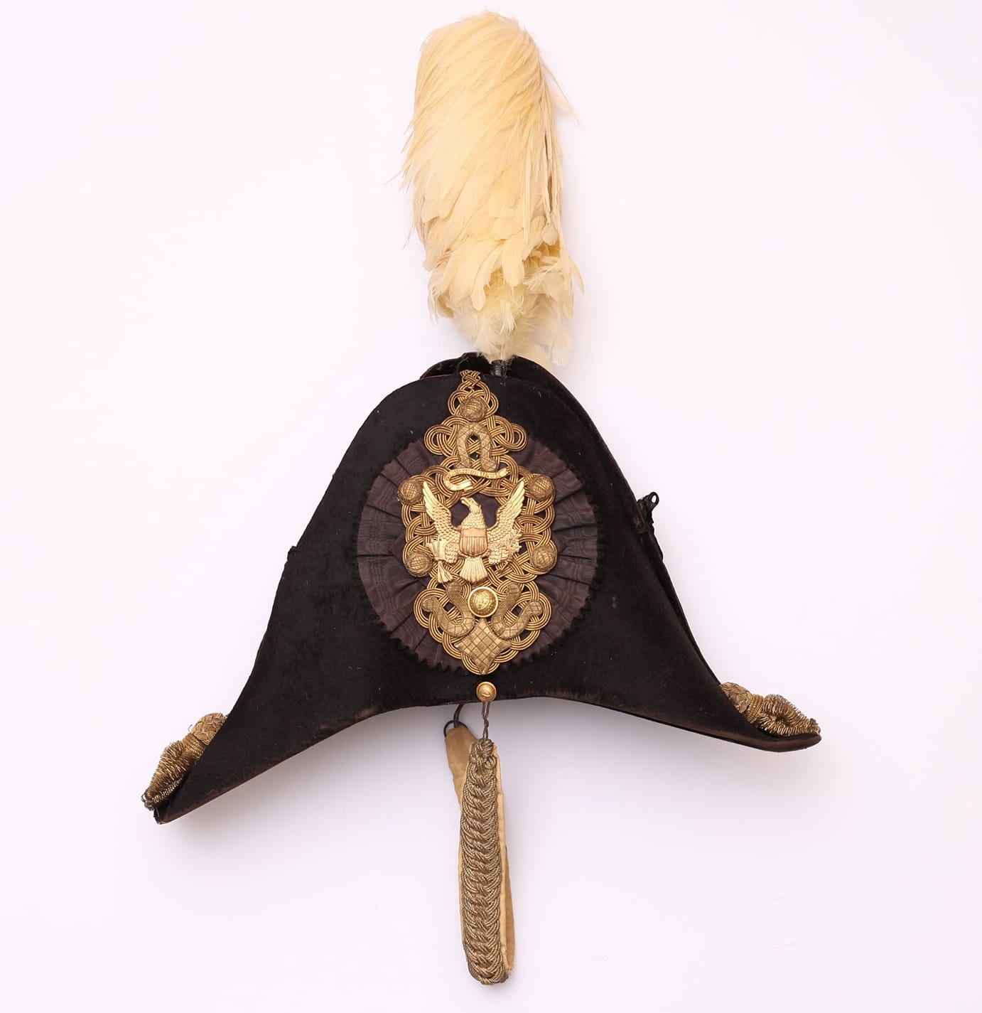 Chapeau des bras (1850-62), felted beaver fur, satin, brass, wool twill, metallic braid with applied embroidered metallic elements, pinked silk grosgrain ribbon (Bent & Bush, Lowel, MA, Gift of Percival C. Gray, courtesy New Bedford Whaling Museum)