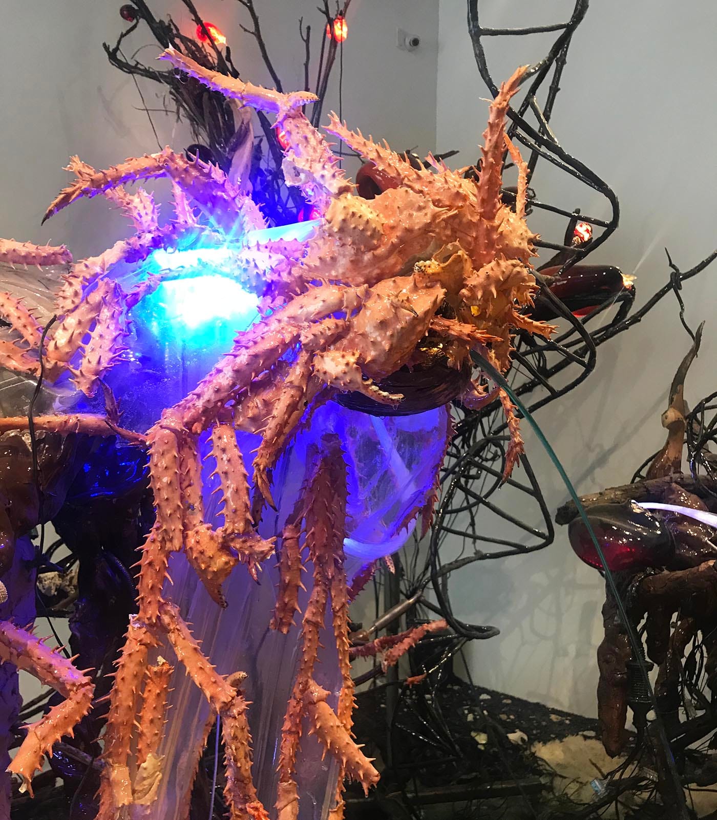 Detail of Korakrit Arunanondchai's "with history in a room filled with people with funny names 4 (garden)" (2017) at CLEARING (Benjamin Sutton/Hyperallergic)