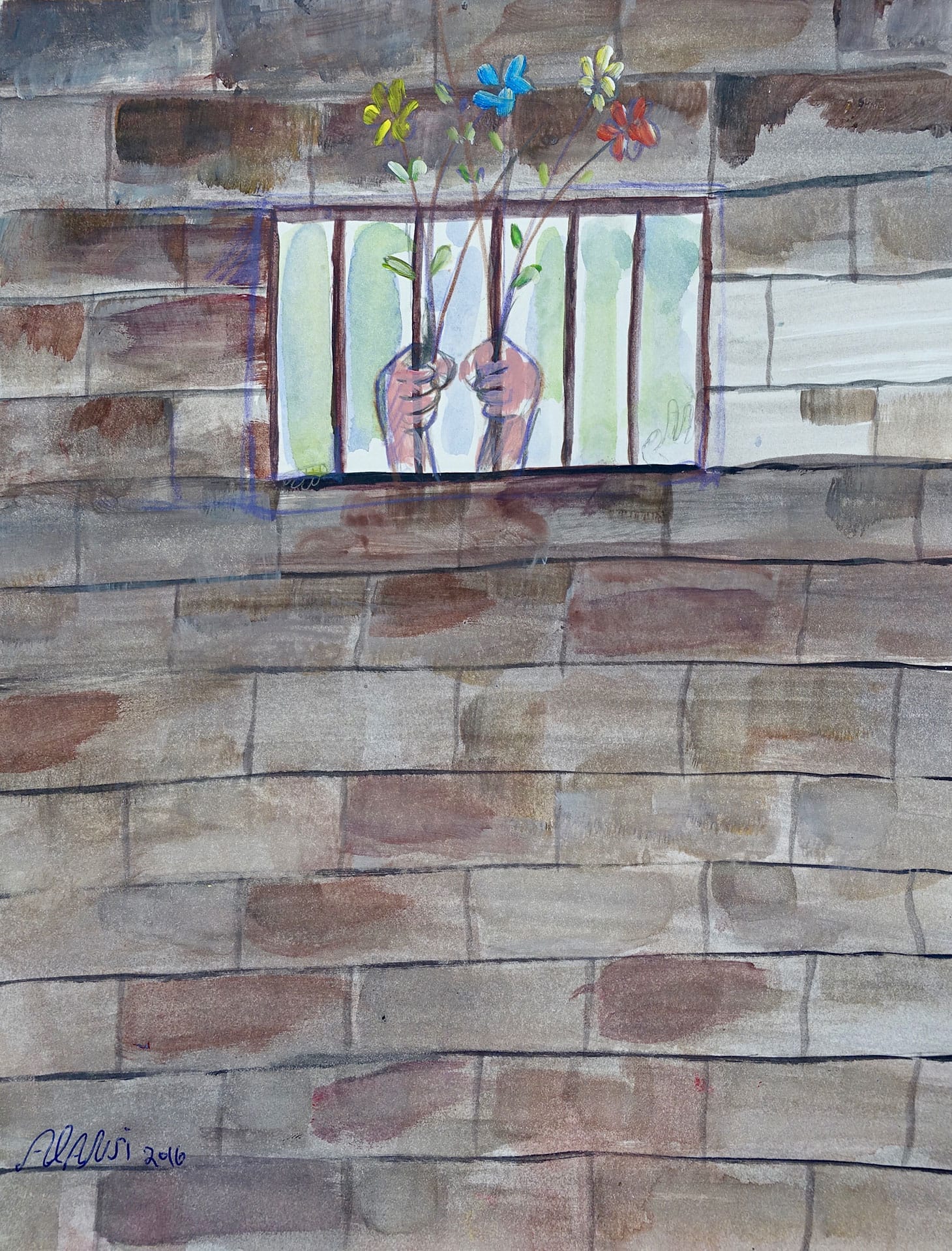 Muhammad Ansi, “Untitled (Hands Holding Flowers through Bars)” (2016), work on paper (courtesy Art from Guantánsmo Bay exhibition, used with permission)