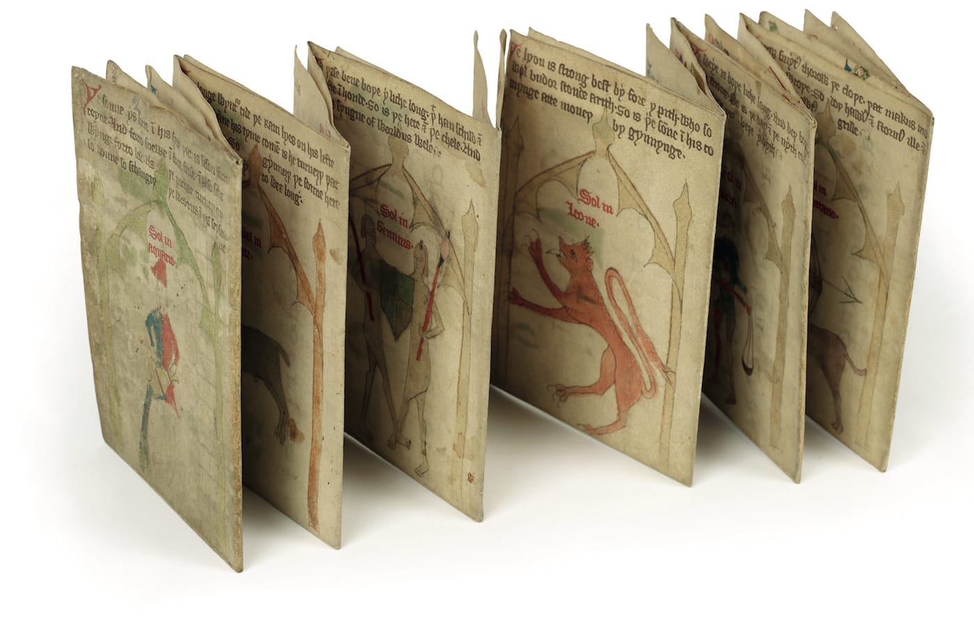 "An almanac from Worcestershire in 1389, on sheets folded in different arrangements. There are many ways of telling time and predicting the future: the church’s liturgy, the farming year, the omens in thunder, astrology. The maker of this almanac shows them all, experimenting with words and pictures in various arrangements. And he stitches the shapes and folds the edges of sheets into varied designs for this varied information — a long strip of zodiac signs or the saints’ days in one giant calendar, for instance." (MS. Rawl. D. 939. Anonymous almanac; copied probably 1389; Worcestershire, courtesy Bodleian Libraries, University of Oxford)