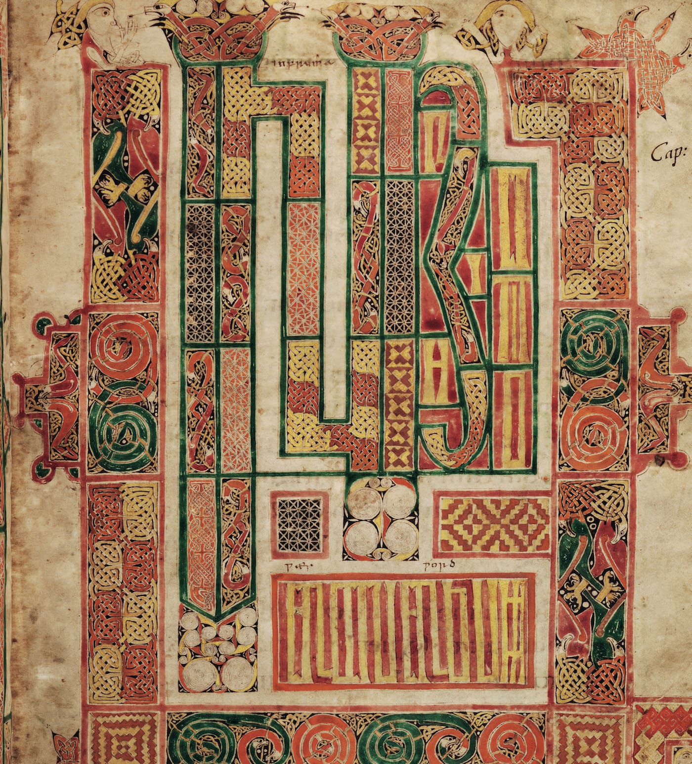Macregol Gospel: "In the beginning was the word" (late-8th-century or early-9th-century), Latin Gospel, painted in Ireland byMacregol, perhaps abbot of Birr, County Offaly (d. 822), and glossed in the 10th century in English by two scribes. English translations were added to the original Latin text by medieval scholars (MS. Auct. D. 2. 19, fol. 127r., courtesy Bodleian Libraries, University of Oxford)