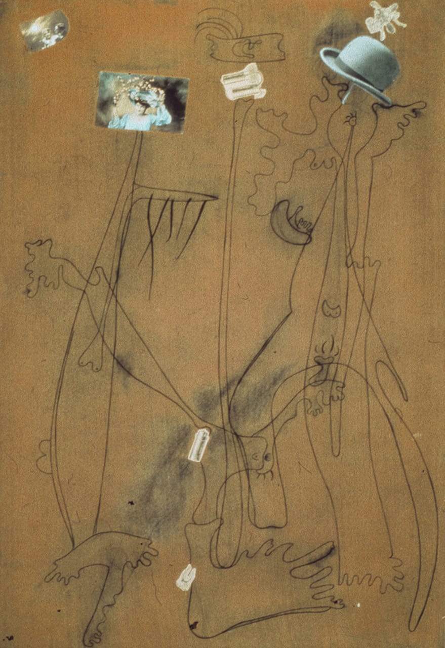 Joan Miró, "Drawing-Collage" (September 25, 1933), conté crayon, printed paper, and postcards on flocked paper, 42 x 27 1/2 in, private collection (© 2013 Successio Miro / Artists Rights Society/ARS, New York / ADAGP, Paris)