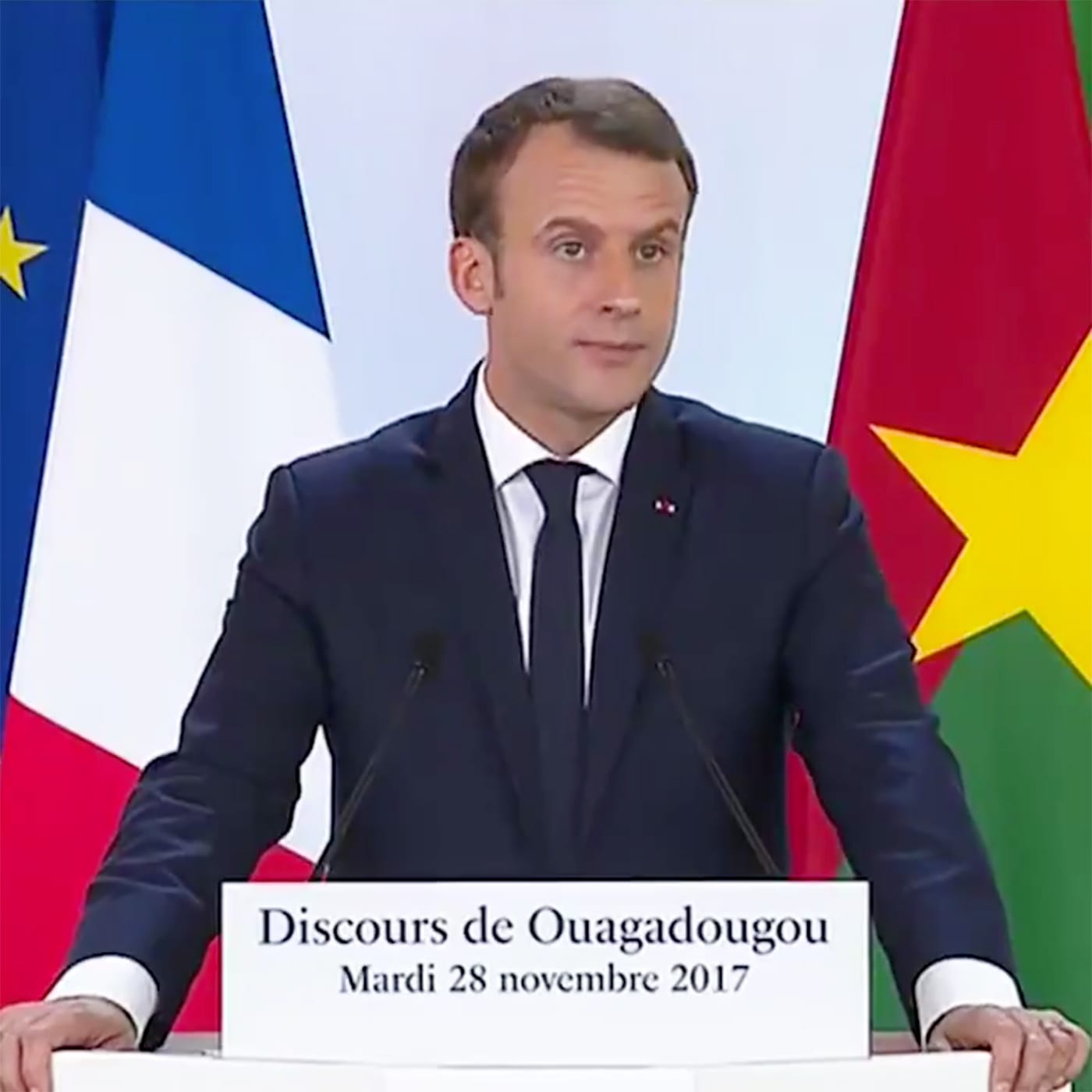 French President Emmanuel Macron speaking on November 28 in Ouagadougou, Burkina Faso. (screenshot via @EmmanuelMacron/Twitter)