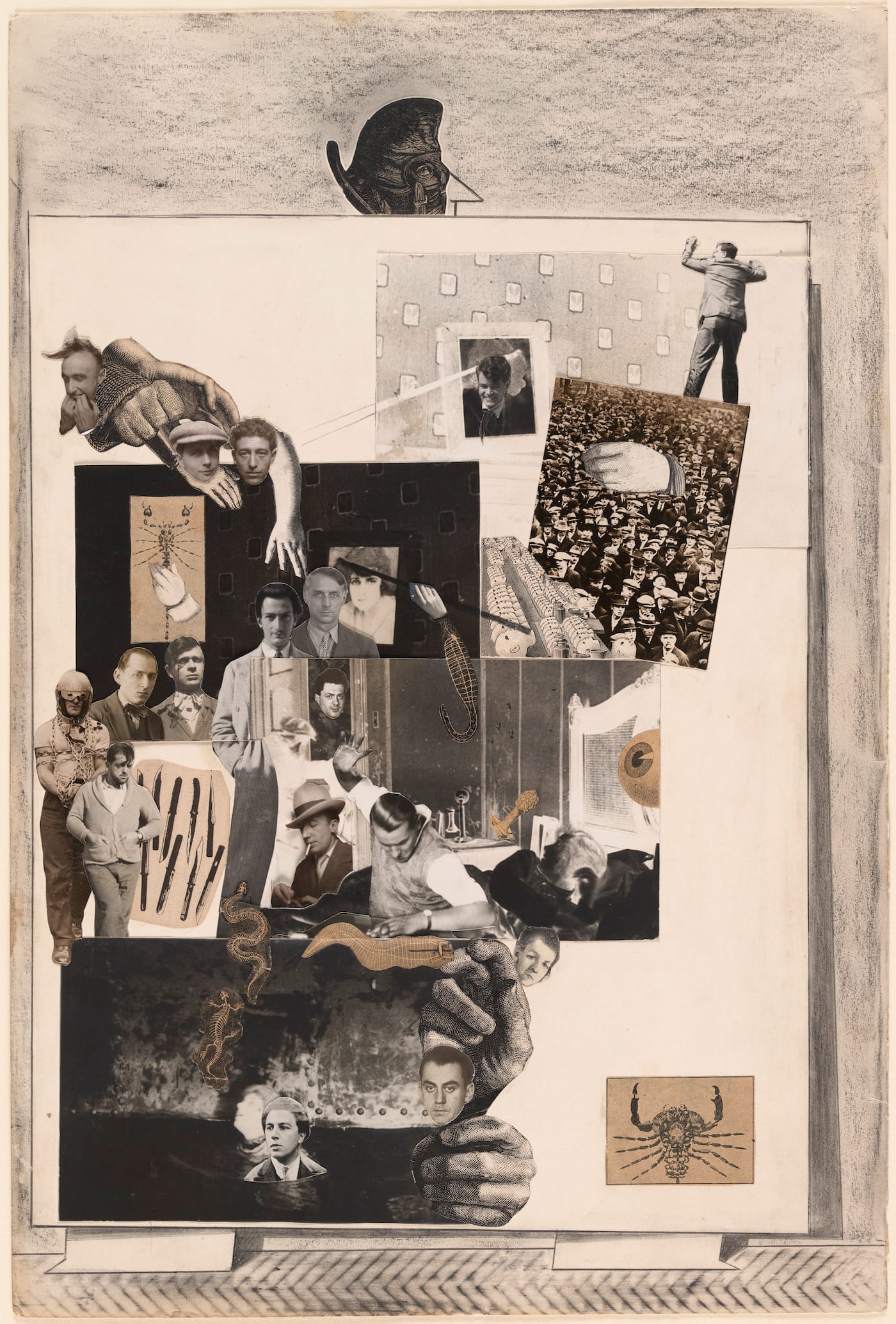 Max Ernst, "Loplop Introduces Members of the Surrealist Group" ("Loplop présente les membres du groupe surréaliste," 1931), cut‑and‑pasted gelatin silver prints, cut‑and‑pasted printed paper, pencil, and pencil frottage on paper, 19 3/4 x 13 1/4 in, the Museum of Modern Art, New York, purchase, 1935 (photo by John Wronn, © 2017 Artists Rights Society/ARS, New York / ADAGP, Paris)