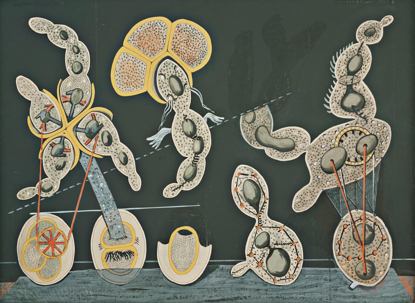 Max Ernst, "The Gramineous Bicycle Garnished with Bells the Dappled Fire Damps and the Echinoderms Bending the Spine to Look for Caresses" ("La Biciclette graminée garnie de grelots les grisons grivelés et les échinodermes courbants l’échine pour quêter des caresses," ca 1921), gouache, ink, and pencil on printed paper on paperboard, 29 1/4 x 39 1/4 in, the Museum of Modern Art, New York, purchase, 1937 (photo by Robert Gerhardt, © 2017 Artists Rights Society/ARS, New York / ADAGP, Paris)