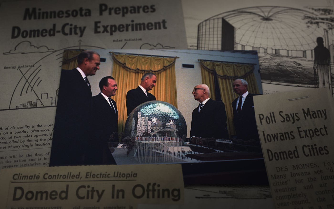 Minnesota Experimental City Steering Committee member Buckminster Fuller presents a geodesic domed enclosure to President Lyndon Johnson (1967) (courtesy NARA)
