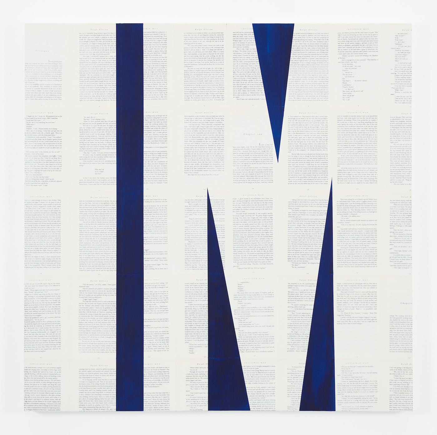 Tim Rollins and KOS, "Invisible Man (after Ralph Ellison)" (2015), indigo and matte acrylic on book pages on panel, 36 x 36 in (courtesy Studio KOS, Lehmann Maupin, New York and Hong Kong)