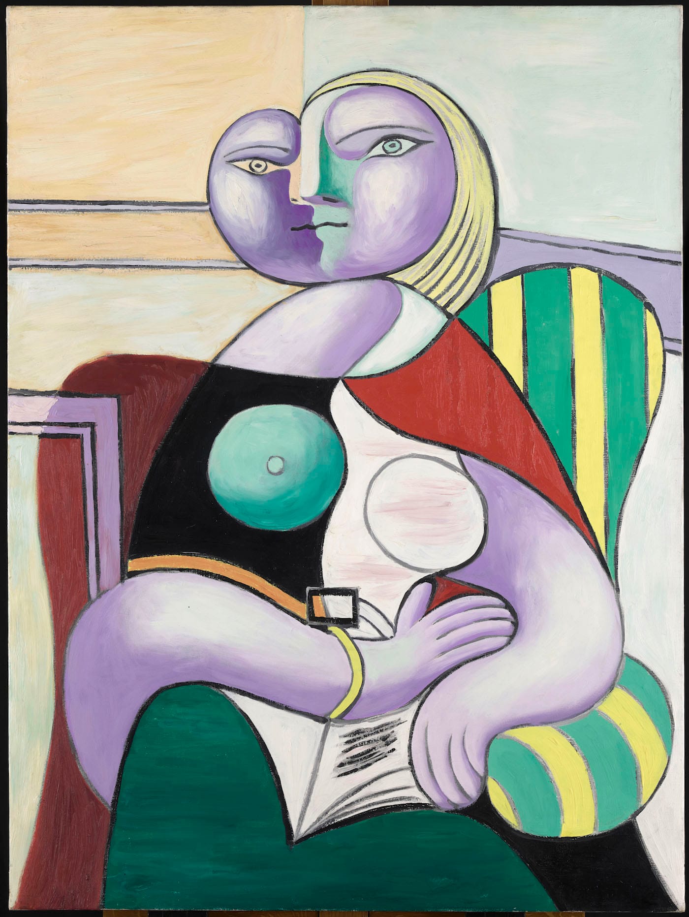 Pablo Picasso, "Woman Reading" (January 2, 1932), oil on canvas, Musée National Picasso, Paris (photo © RMN-Grand Palais, Musée National Picasso, Paris; Mathieu Rabeau; © Succession Picasso)