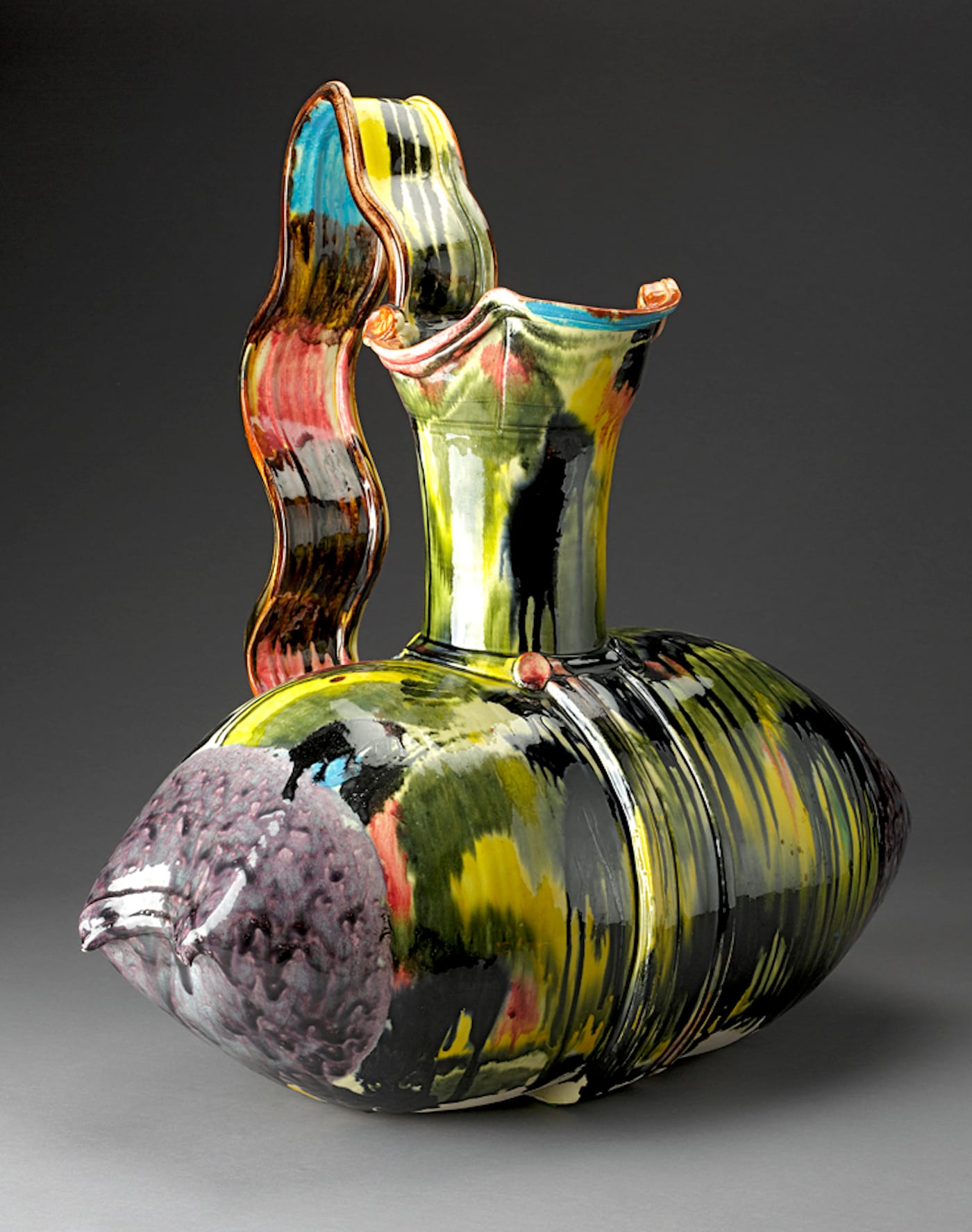 Betty Woodman, "Silk Pillow Pitcher" (1985), hand-thrown and assembled white earthenware with majolica glazes, 24 x 22 x 17 in (courtesy Salon 94)