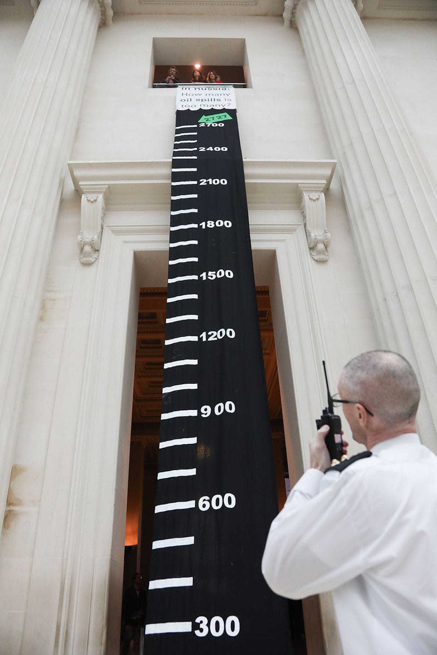 Activist theater group BP Or Not BP? drop thousands of paper oil drops in the British Museum in protest of BP's sponsorship of the museum. (photo by Kristian Buus, courtesy BP Or Not BP?)