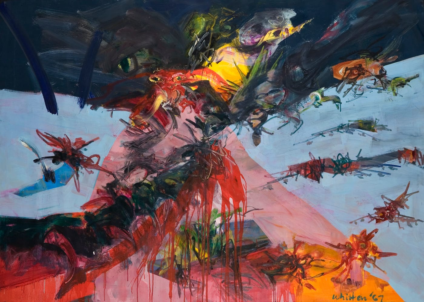 Jack Whitten, "NY Battleground" (1967), oil on canvas, 60 x 83.88 in (© Jack Whitten, courtesy the artist and Hauser & Wirth)