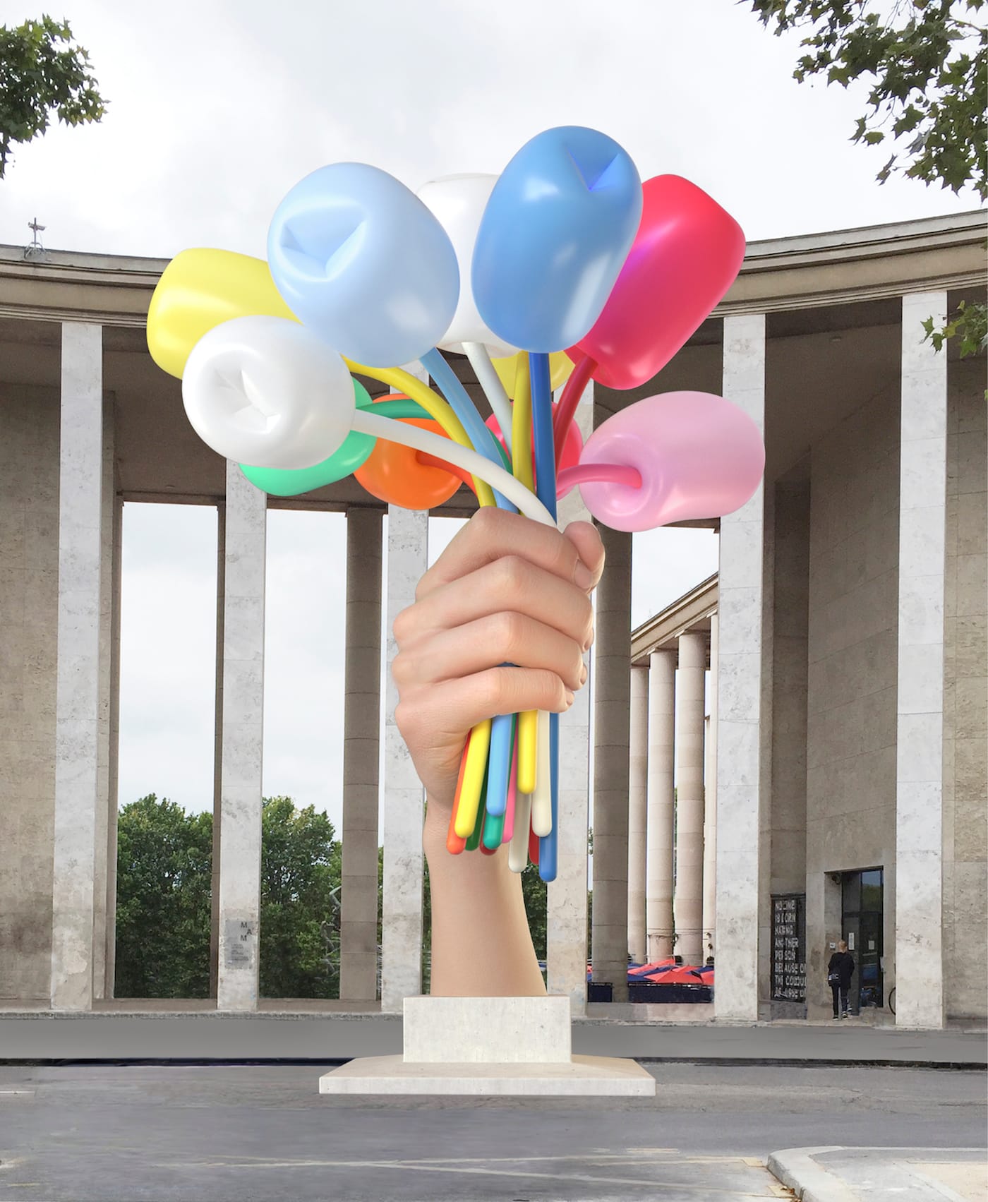Jeff Koons, “Bouquet of Tulips” (2016), polychromed bronze, stainless steel, and aluminum; sculpture dimensions: 34 ft 1 1/2 in, (38 ft 3 in with base); width: 27 ft 3/4 in; depth: 33 ft 4 3/8 in (image © Jeff Koons, courtesy Noirmontartproduction, 3D rendering of the work in situ)