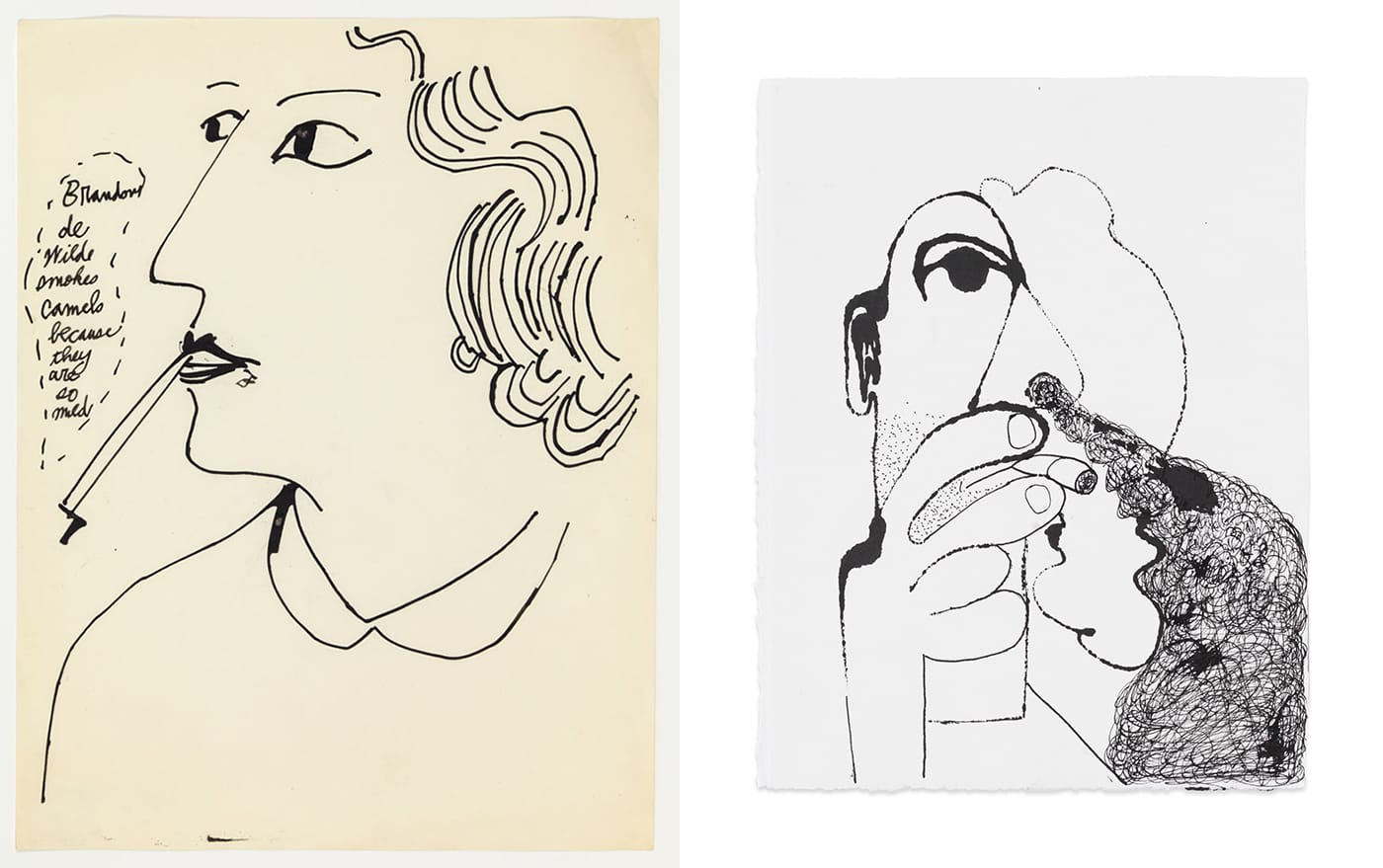 Left: Andy Warhol, "Brandon De Wilde Smokes Camels Because They Are So Mild" (ca 1953), ink on white Riverside Bond paper, 11 x 8 1/2 in (courtesy Anton Kern Gallery, New York; © The Andy Warhol Foundation for the Arts, Inc.); right: Nicole Eisenman, "Smoker" (2017), ink on paper, 11.5 x 8.75 in (courtesy Anton Kern Gallery, New York; © Nicole Eisenman)