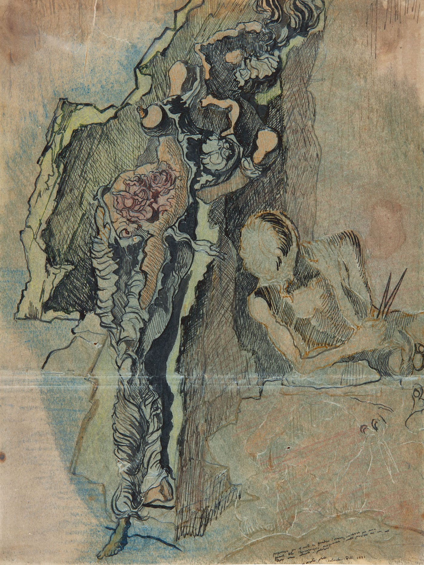 Salvador Dalí, “étude pour 'Gradiva,'” 1931. Pen and ink, colored crayon, and pencil on paper, 20 x 15 cm (image courtesy Sotheby's)