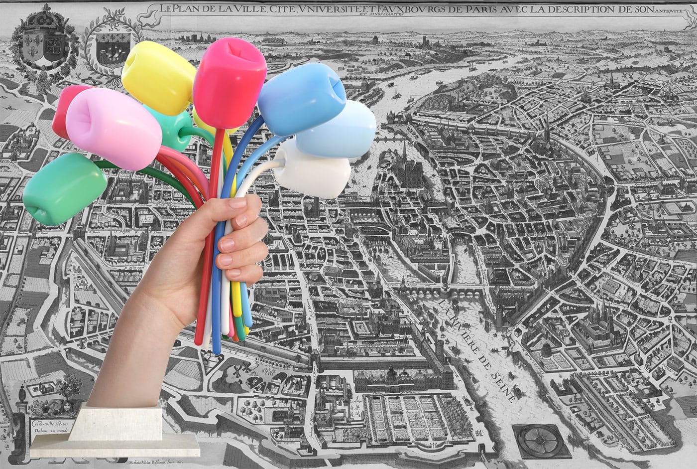 Where in Paris will Jeff Koons's "Bouquet of Tulips" (2016) end up? (illustration by the author, historical map of Paris via oldmapsofparis.com)
