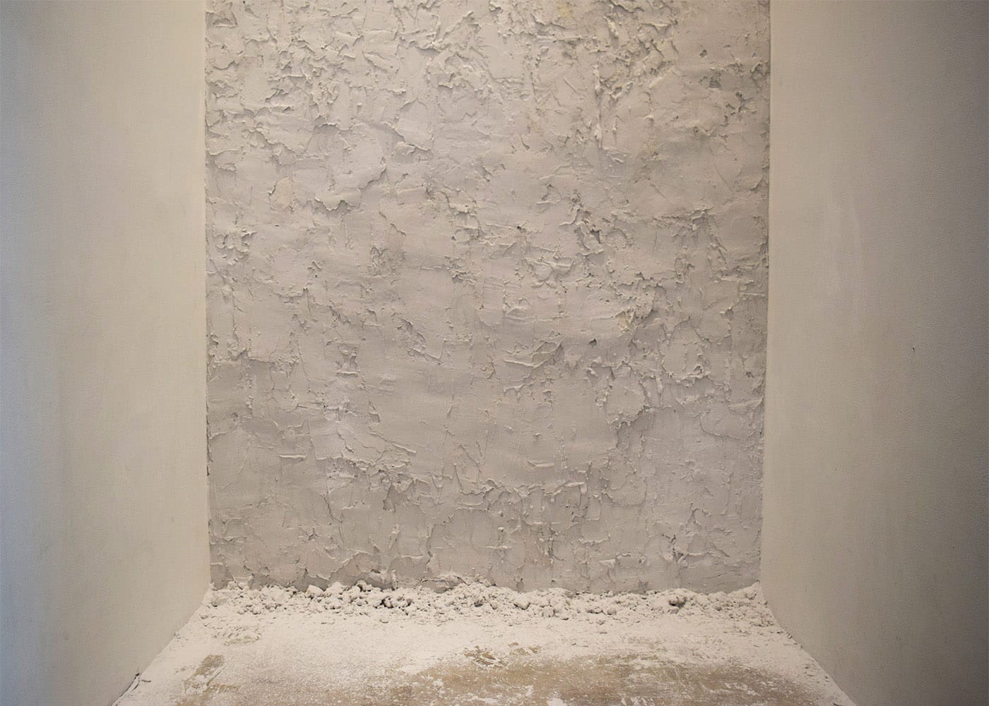 Lydia Ourahmane, "Finitude" (2018), ash, chalk, steel, and looped sound