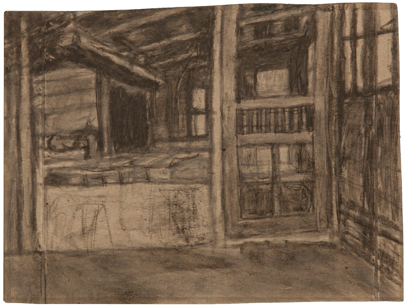 James Charles Castle, "Untitled (empty shed/shed interior)" (nd), found paper, soot, 7 5/16 x 9 11/16 in (collection of The William Louis-Dreyfus Foundation Inc.; © 2001 James Castle Collection and Archive LP)