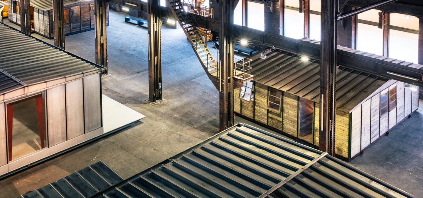 Installation view of Jean Prouvé: Architect for Better Days at LUMA Arles