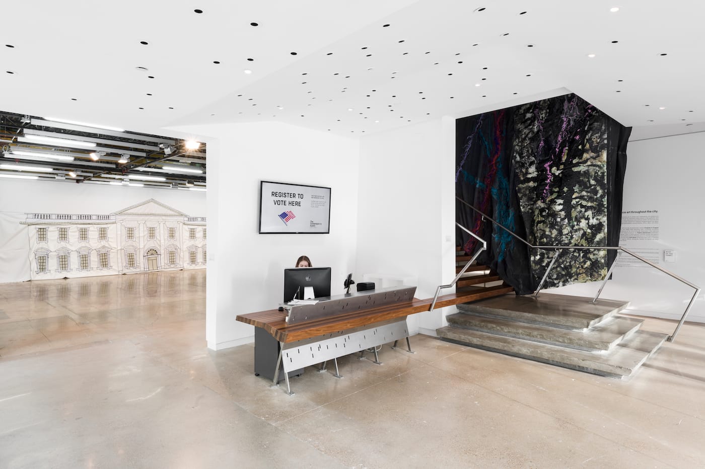 Installation view, <em>Rodney McMillian: Against a Civic Death</em> at The Contemporary Austin – Jones Center on Congress Avenue, Austin, Texas, 2018 (artwork © Rodney McMillian; courtesy the artist, Susanne Vielmetter Los Angeles Projects, and Maccarone, New York; image courtesy The Contemporary Austin; photo by Colin Doyle)