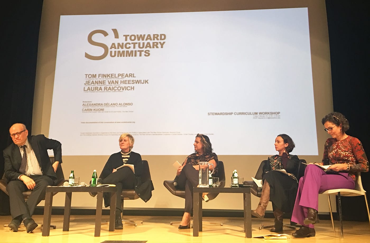 Thursday's Vera List Center panel with, from left to right, Tom Finkelpearl, Jeanne van Heeswijk, Laura Raicovich, Alexandra Délano Alonso, and Carin Kuoni (photo by the author for Hyperallergic)