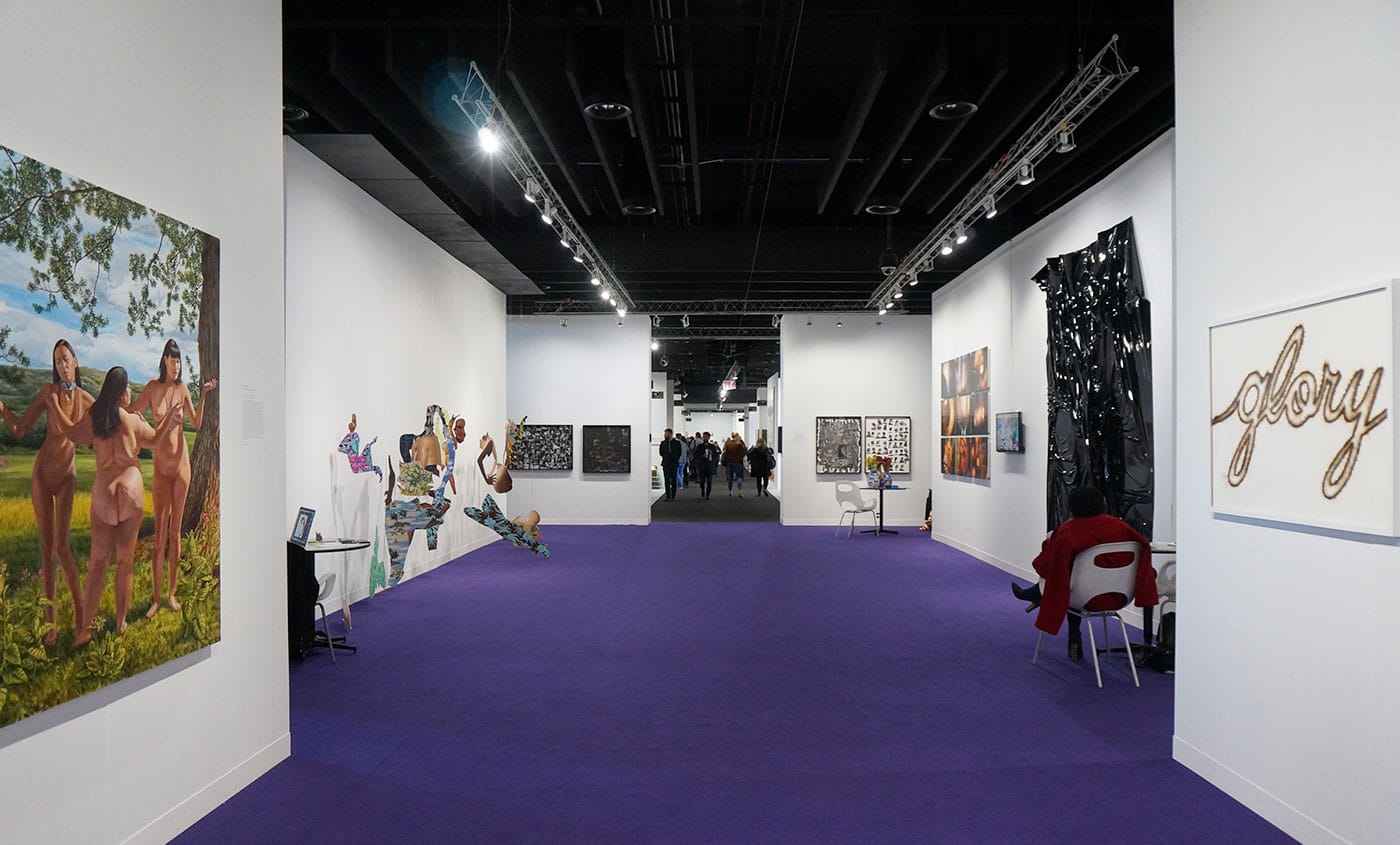 Installation view of Your Body Is a Battleground, a curated exhibition at Volta's 2017 edition (photo by Jillian Steinhauer/Hyperallergic)