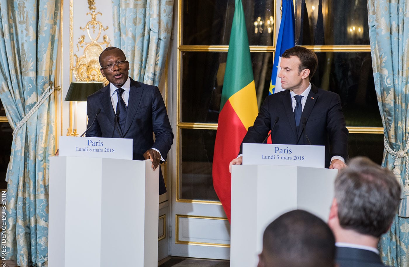 Patrice Talon, President of Benin (left), and Emmanuel Macron, President of France (right), hold a press conference in Paris on March 5, 2018. (photo courtesy Présidence de la République du Bénin, via Flickr)