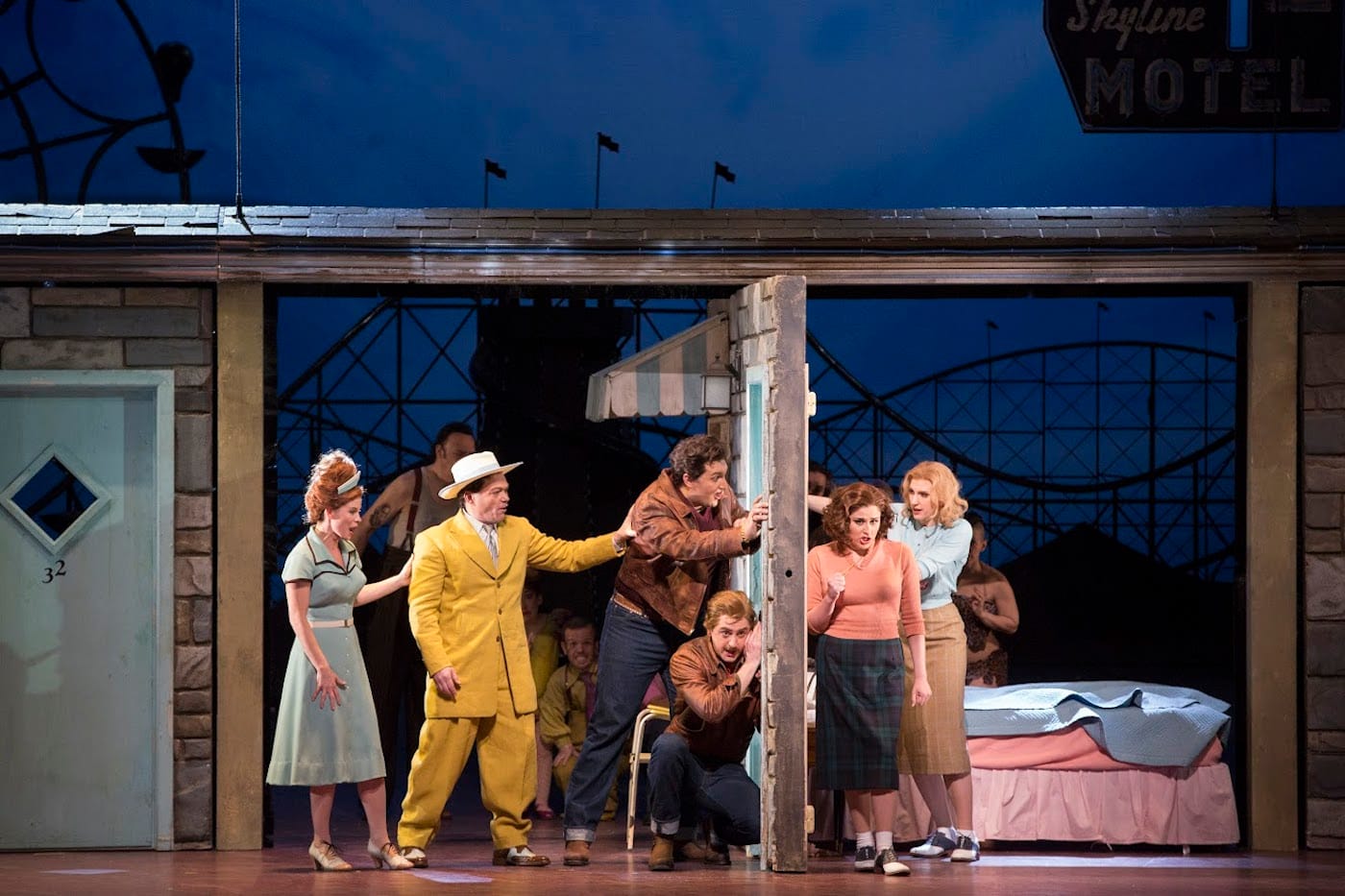 Kelli O'Hara as Despina, Christopher Maltman as Don Alfonso, Adam Plachetka as Guglielmo, Ben Bliss as Ferrando, Serena Malfi as Dorabella, and Amanda Majeski as Fiordiligi in Mozart's Così fan tutte (photo by Marty Sohl, courtesy Metropolitan Opera)