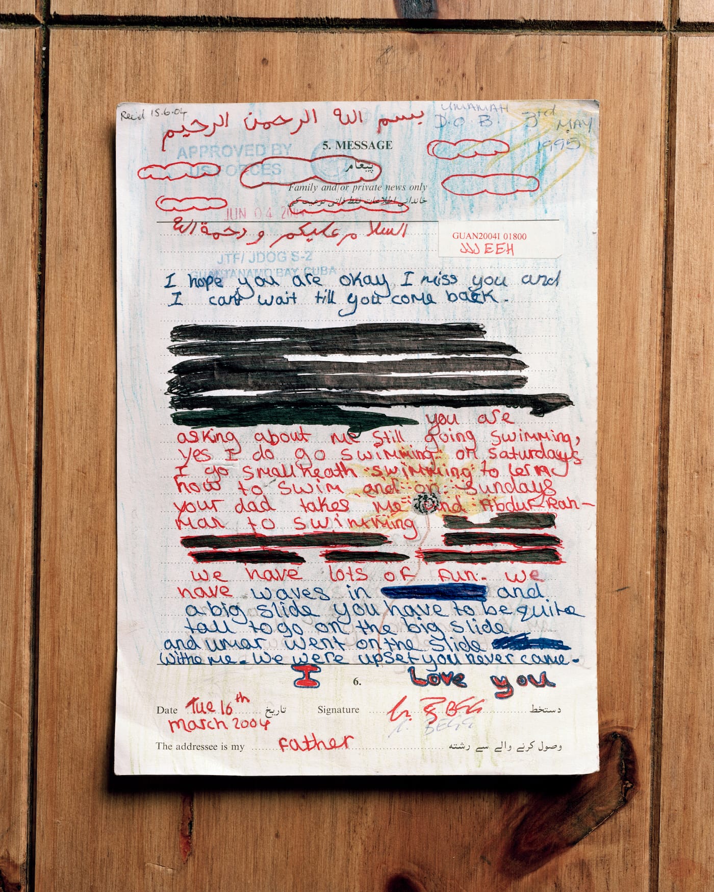 Edmund Clark, "Original, hand-censored letter to a detainee from his daughter," from the series Guantanamo: If the Light Goes Out (2009) (© Edmund Clark)