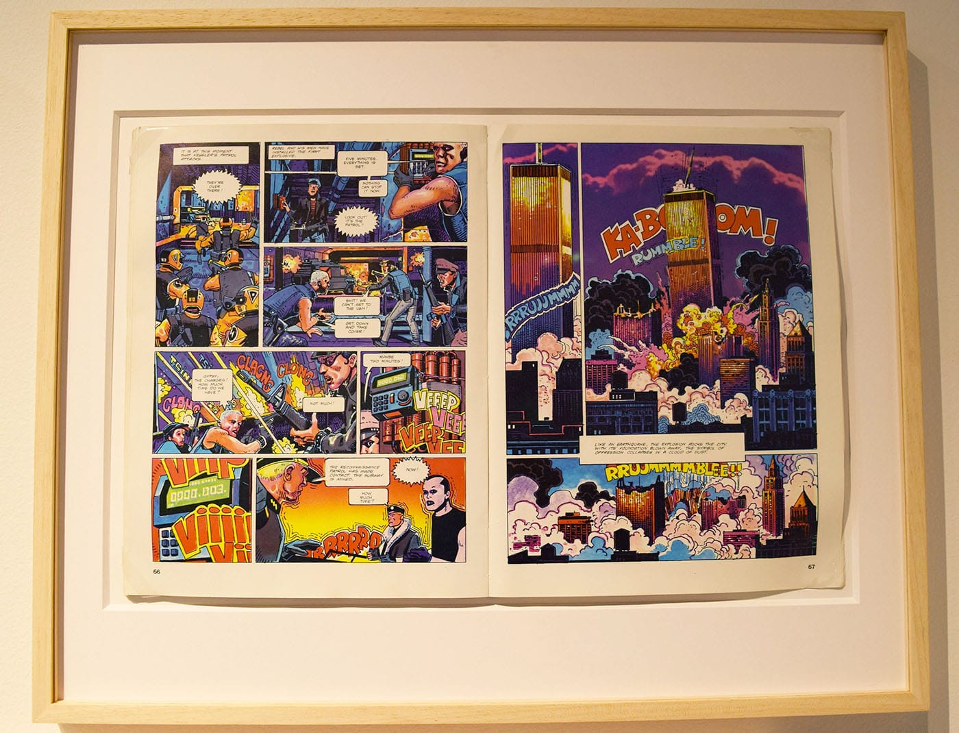 A spread from a comic book from 1986, part of a collection of comics in which the Twin Towers are destroyed, assembled by artist Sebastian Utzni and on view in Counter Space's booth.