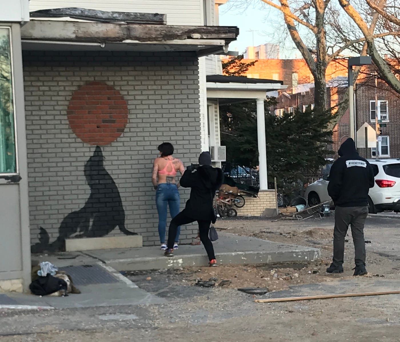 An impromptu photo shoot with Banksy's seal mural in Midwood