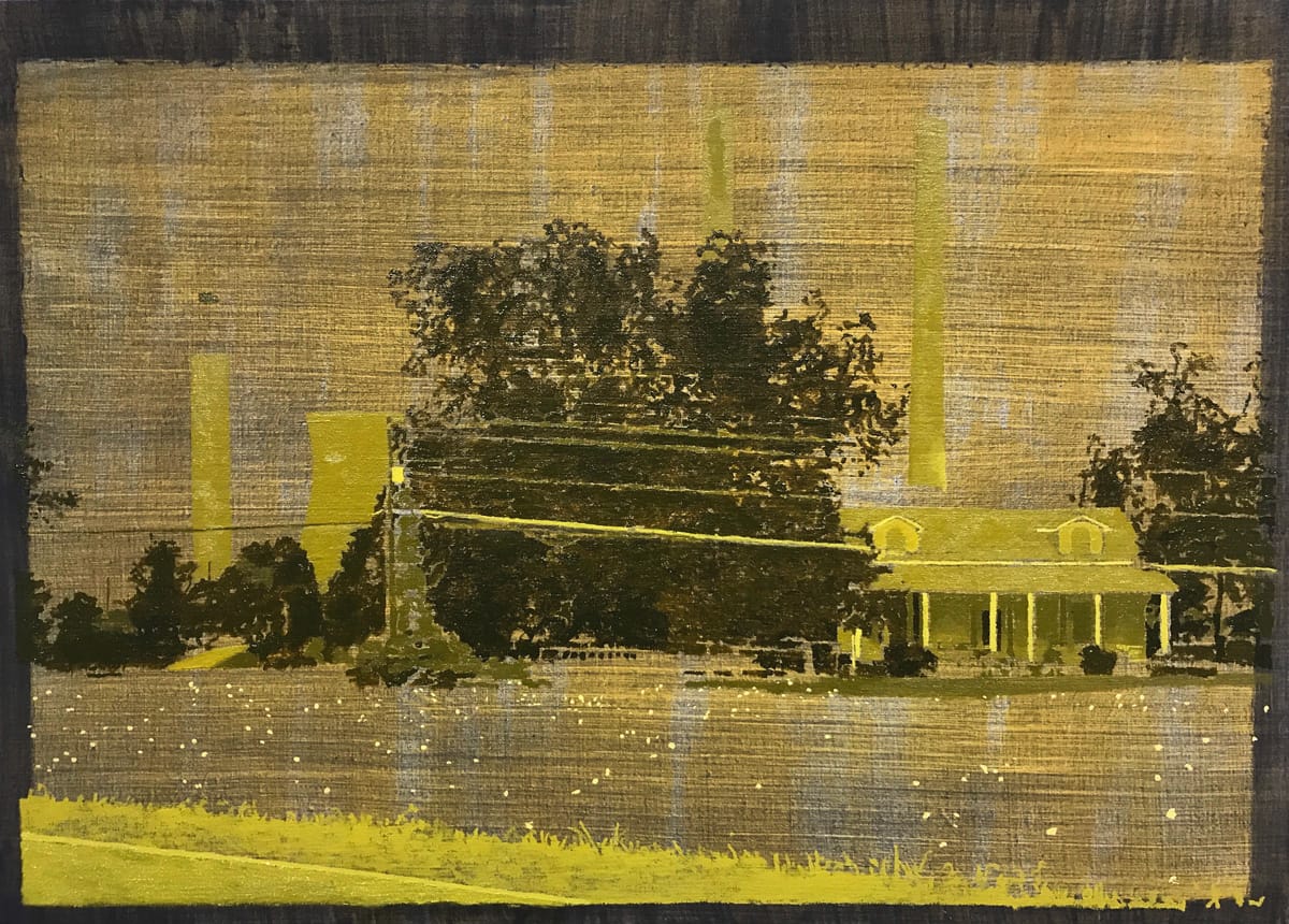 Greg Lindquist, "Plant Bowen, Euharlee, Georgia, (Tobacco Fields)" (2017), oil, acrylic, and ash on linen, 20 1/4 x 28 1/4 in (all images courtesy the artist and Lennon, Weinberg, Inc.)