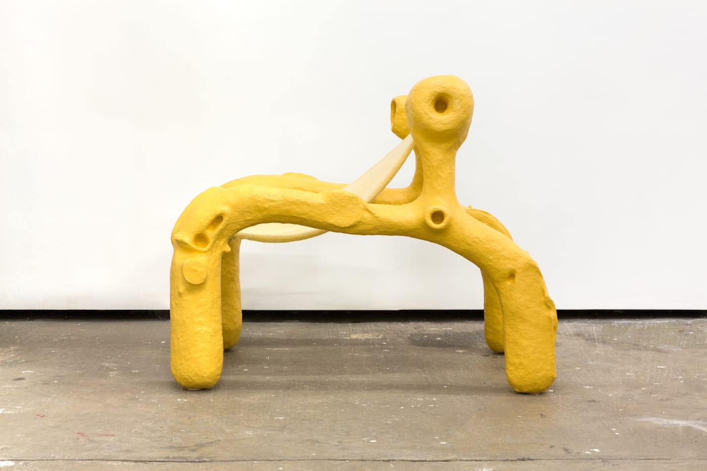 Thomas Barger, "Dad's Truck Blanket Chair" (2018), paper pulp, wooden and metal frame, cardboard, polyurethane, blanket, and paint, 18 x 56 x 56 in