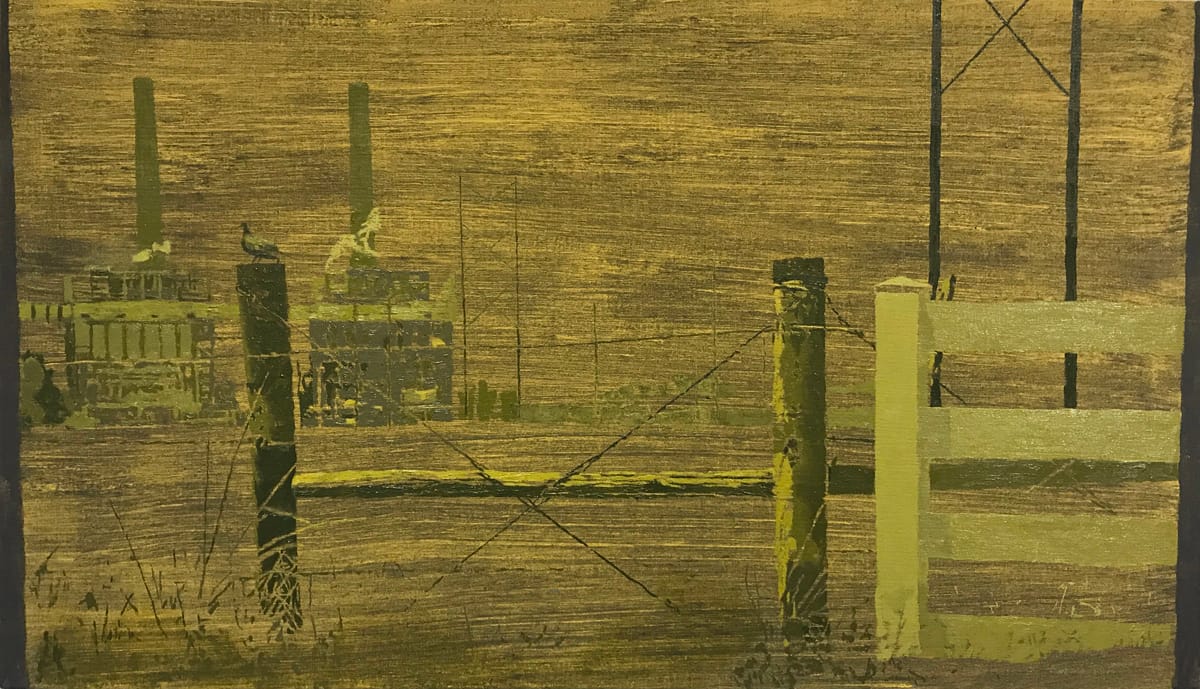 Greg Lindquist, "WA Parish Generating Station, Thompsons, Texas" (2017), oil, ash, and acrylic on linen, 23 1/4 x 40 1/2 in