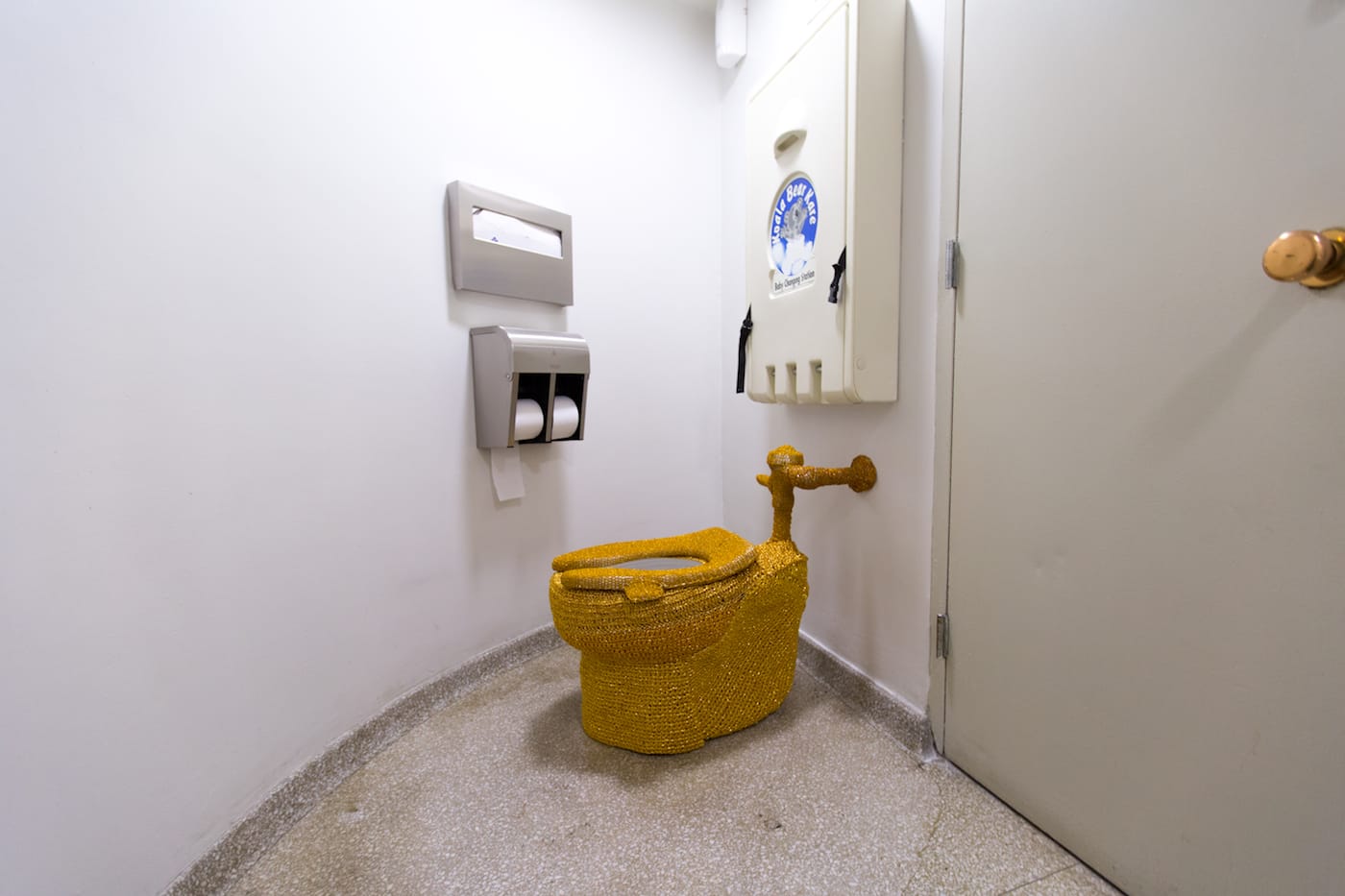 A guerrilla intervention in the Guggenheim Museum's fourth floor bathroom (photo provided to Hyperallergic by anonymous source)