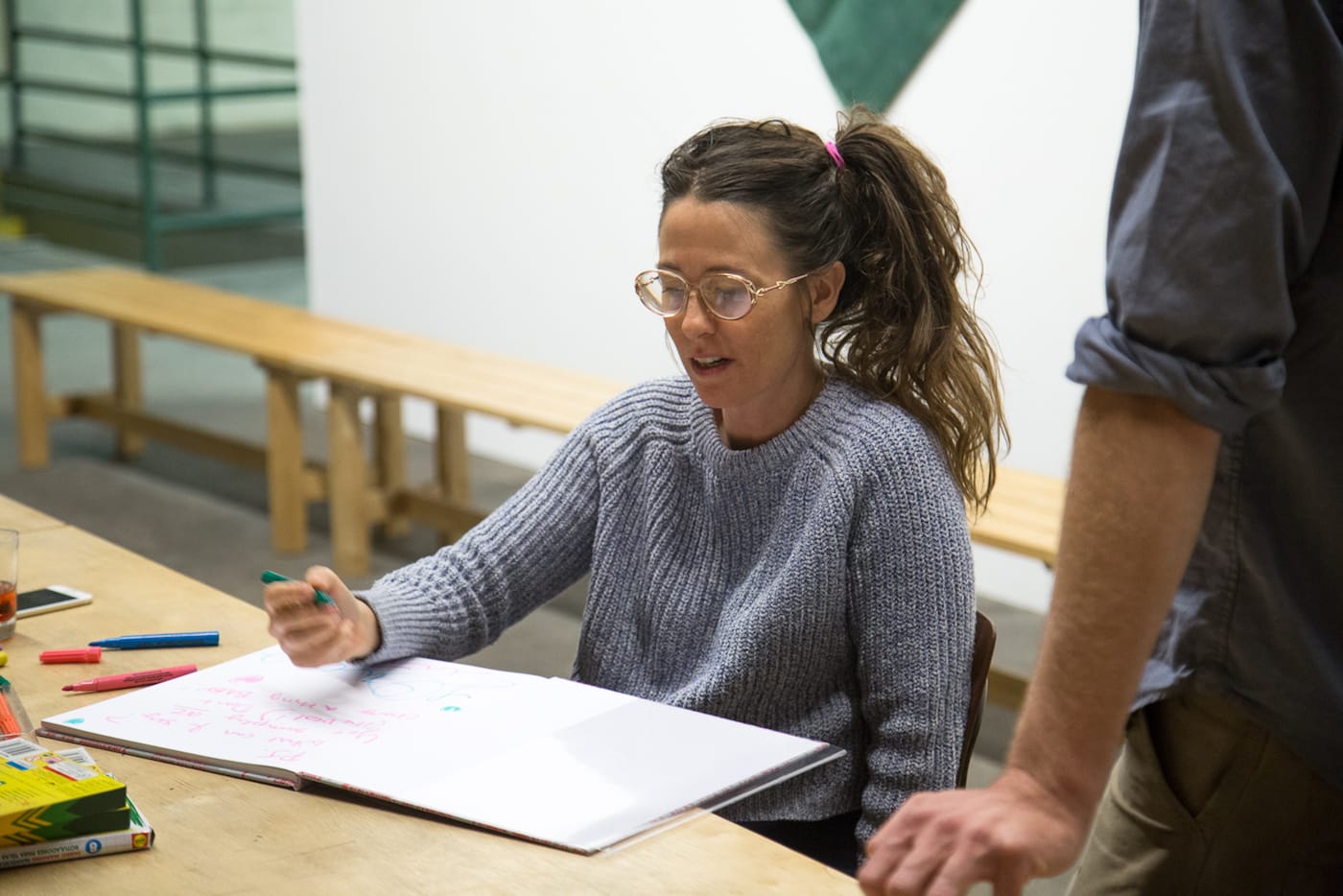 Laura Owens at the book launch for 12 Paintings at 356 Mission, Los Angeles November 22, 2014, (photo by Alexandra Noel, courtesy 356 Mission)