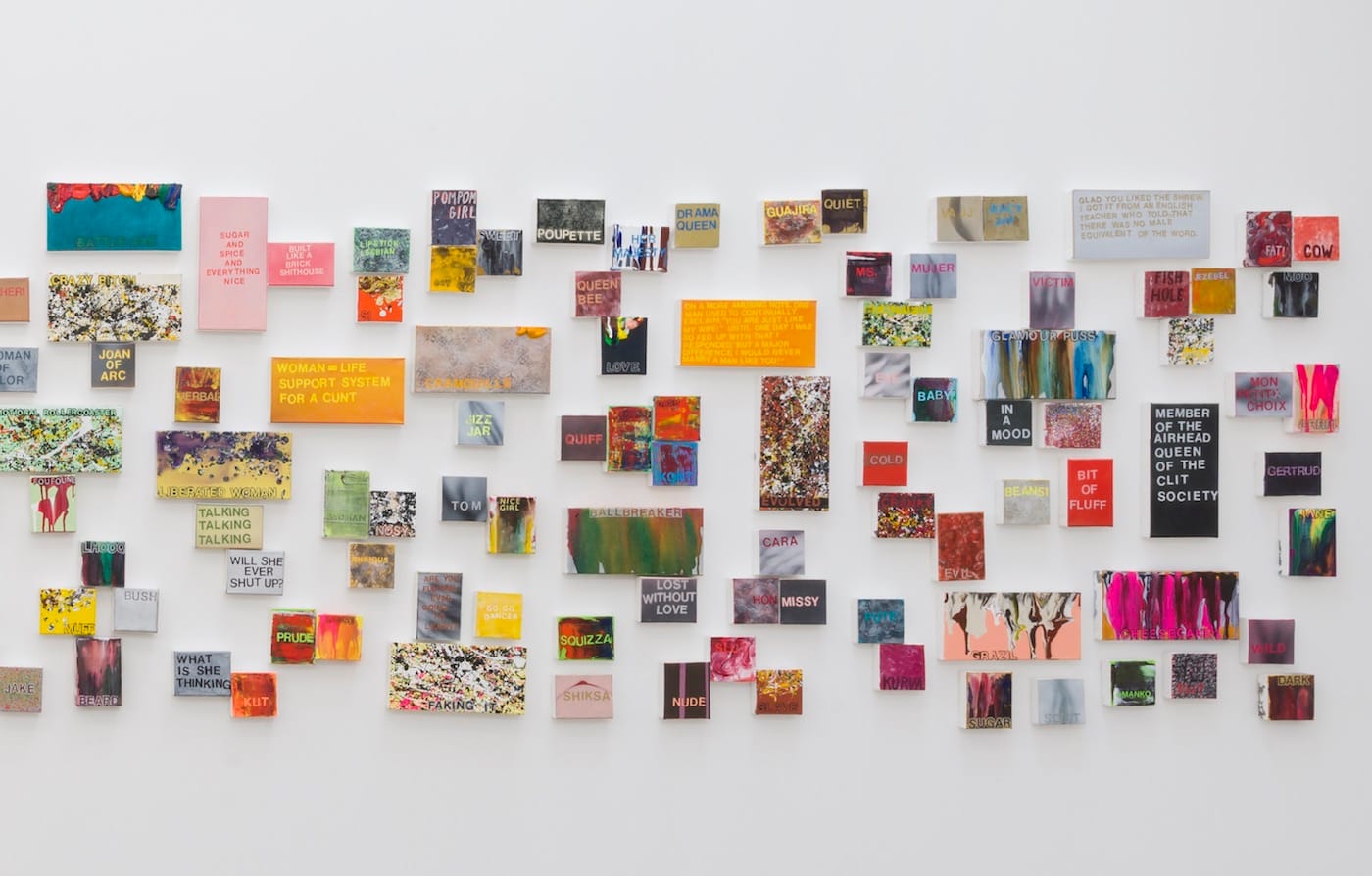Betty Tompkins, "WOMEN Words" (2014), acrylic on canvas, detail of installation view at Gavlak Los Angeles in 2014 (image courtesy of the artist and Gavlak Gallery; photo by Jeff McLane)