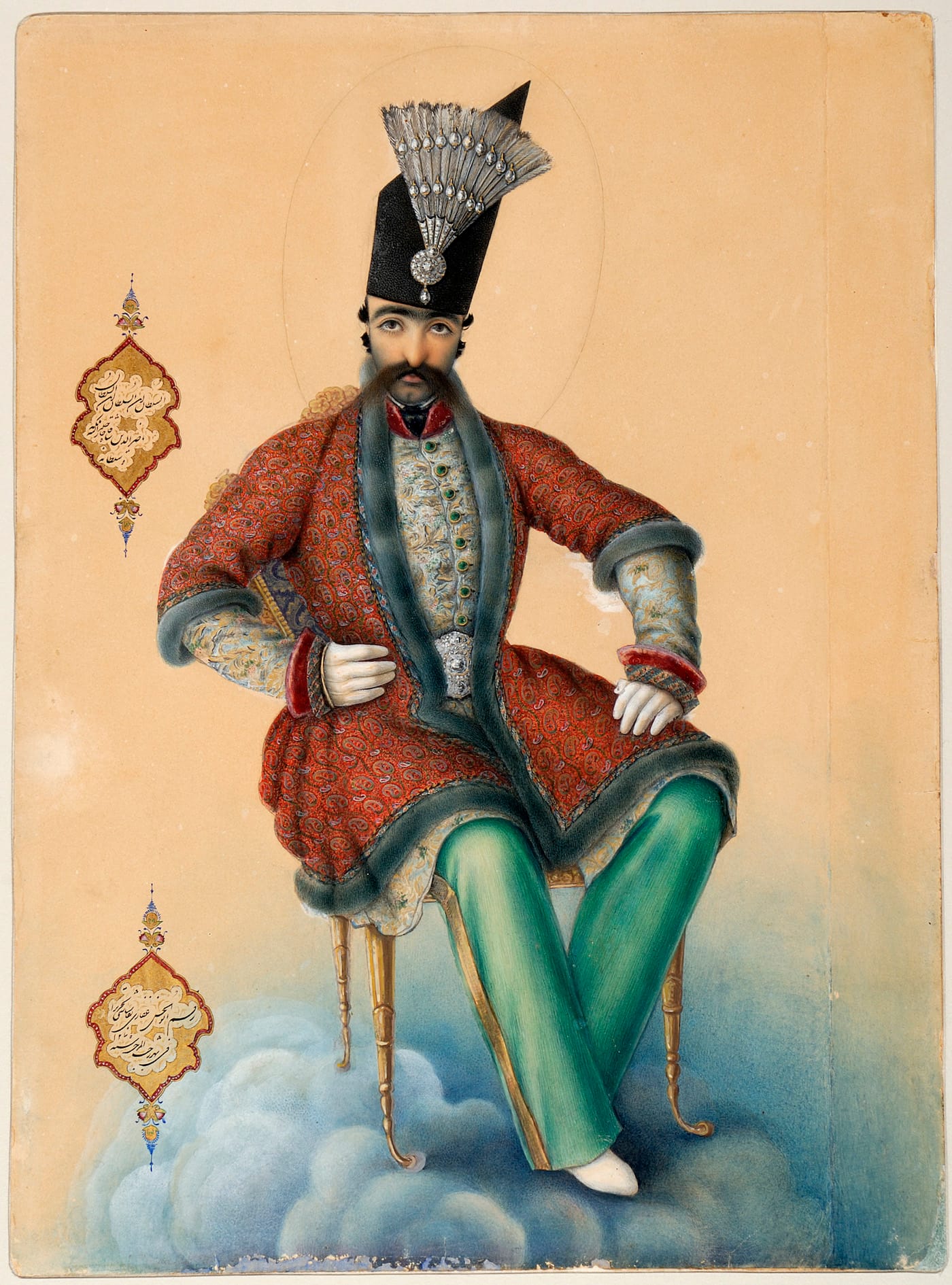 Abu’l Hasan Ghaffari Sani al-Mulk, "Apotheosis of Nasir al-Din Shah" (February–March, 1859), ink and watercolor on paper, Musée du Louvre (© Musée du Louvre, dist. RMN-GP / Claire Tabbagh / Collections Numériques)