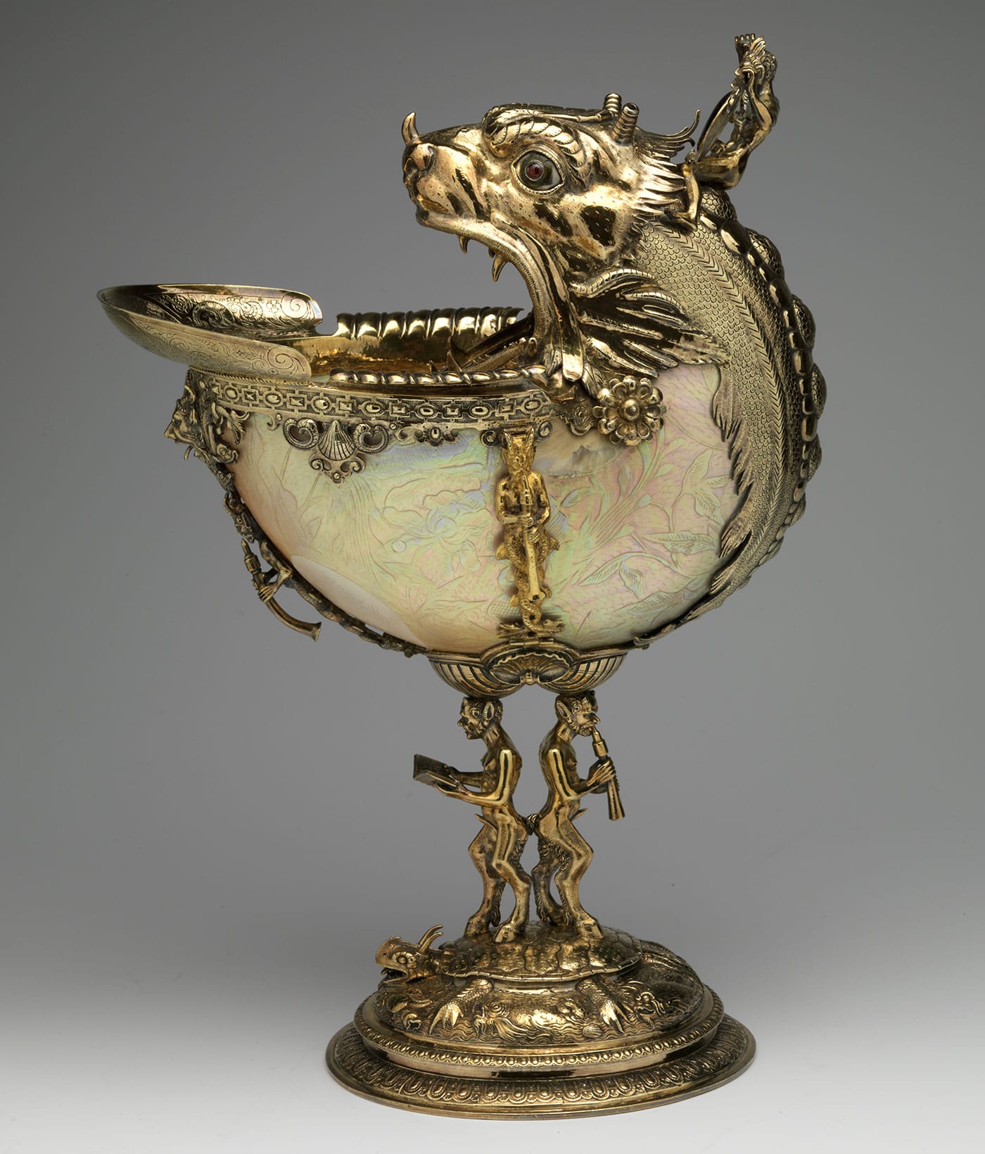 Attributed to Nicolaes de Grebber, Nautilus cup (1592), Nautilus pompilius shell, silver gilt, glass, and enamel (Collection Museum Het Prinsenhof, Delft, acquired with the support of the Vereniging Rembrandt, courtesy of Museum Het Prinsenhof, Delft)