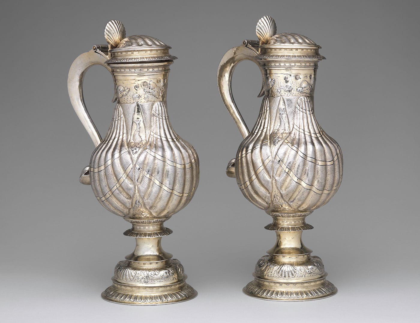 Unknown artist (English), pair of Flagons (1598), silver gilt, cast, chased, engraved, and pricked (Untermyer Collection, courtesy of the Metropolitan Museum of Art, New York)