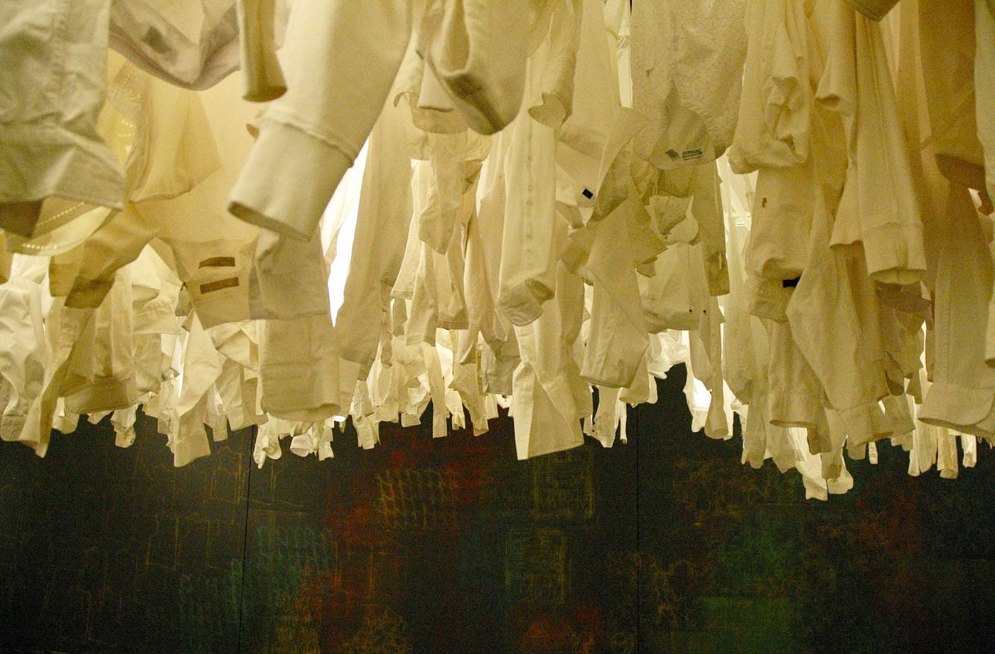 Installation view of Rachel Breen and Alison Morse's project The Price of Our Clothes at the Perlman Teaching Museum (photo by the author for Hyperallergic)