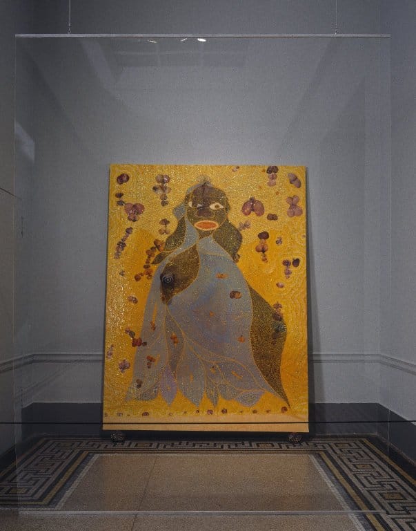 Chris Ofili, "The Holy Virgin Mary" (1996), on display in <em>Sensation: Young British Artists from the Saatchi Collection</em> at the Brooklyn Museum in 1999 (photo courtesy the Brooklyn Museum, via Wikimedia Commons)