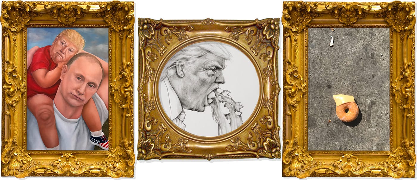 The Trump portraits that won Crooked Media's contest: Jamie Fontana (left), Casey Promise (center), and Abigail Hammett (right) (all images courtesy the artists)