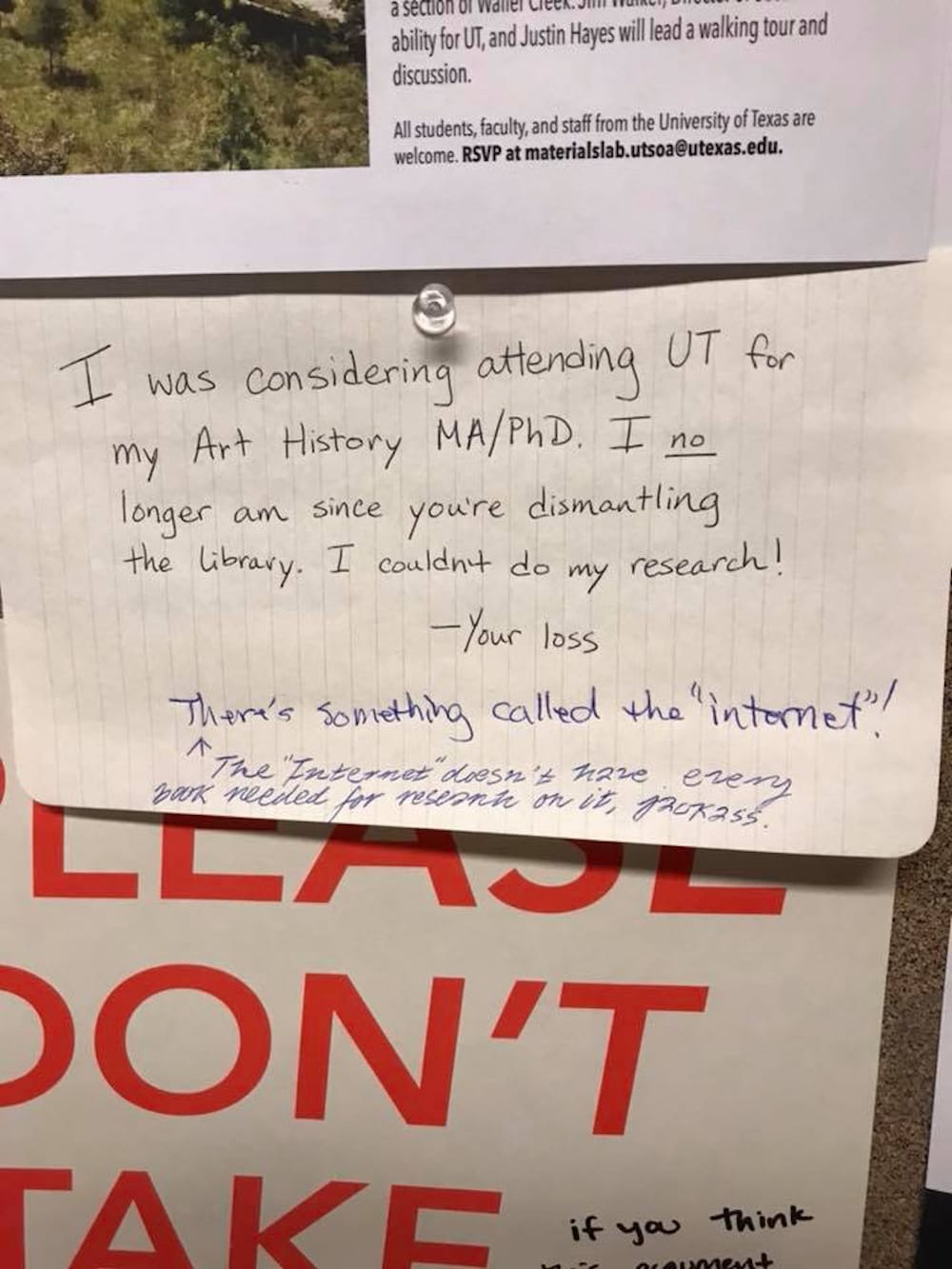 Debate over the future of the Fine Arts Library took both digital and physical form, showing up on Facebook walls and real ones across campus. (photo by Abby Sharp, used with permissions)