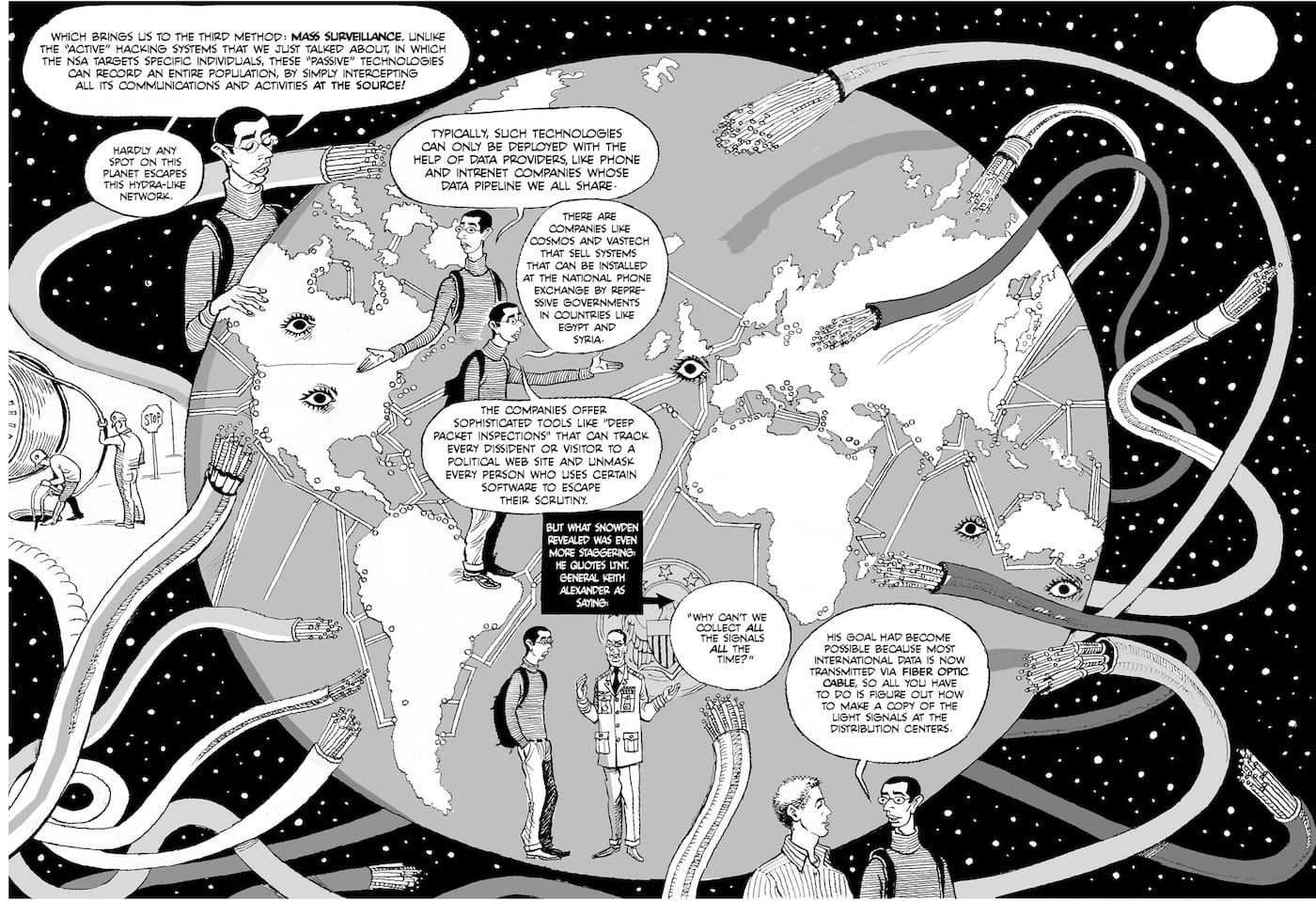 Pratap explains mass surveillance to Khalil in a spread from chapter 10 of Verax