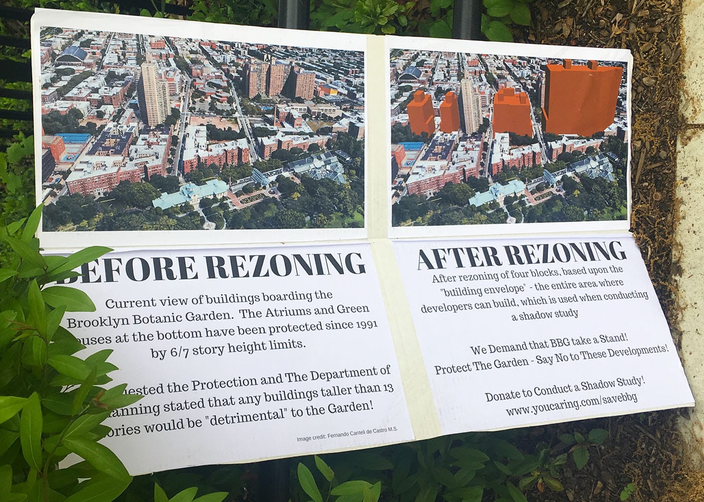 Brooklyn Anti Gentrification Network protest signs outside Garden entrance illustrate the height of planned towers in the area.