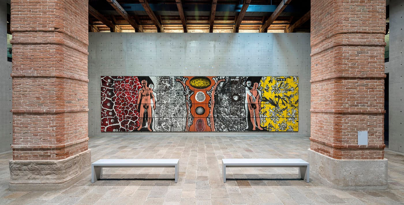 Gilbert & George, “Blood Tears Spunk Piss” (1996) (photo by Matteo De Fina)